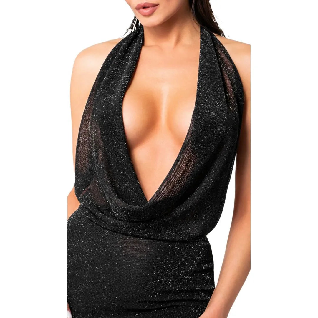 mini robe dos nu transparente élastique tissu miroitant noir ajustée moulante décolleté plongeant fine bretelle scintillante glamour respirante