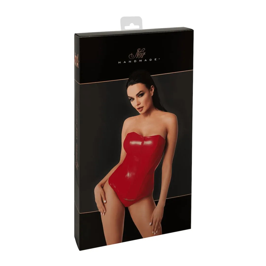 Corset rouge brillant sans bretelles, fermeture éclair avant, effet sablier, présenté sur mannequin, emballage noir.