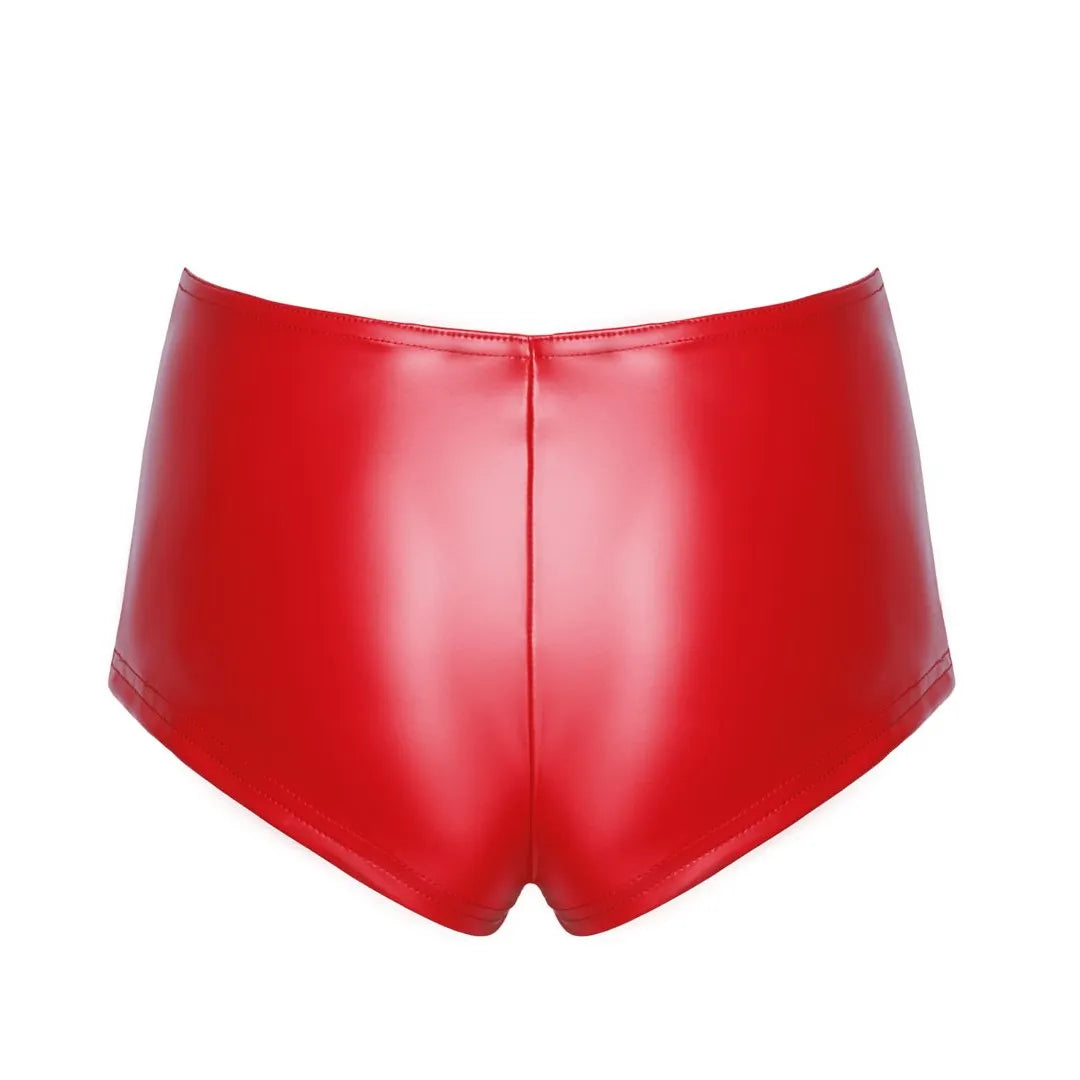 Culotte taille haute rouge, finition mate brillante, style rétro moderne, tissu extensible, sans couture, séduction femme.