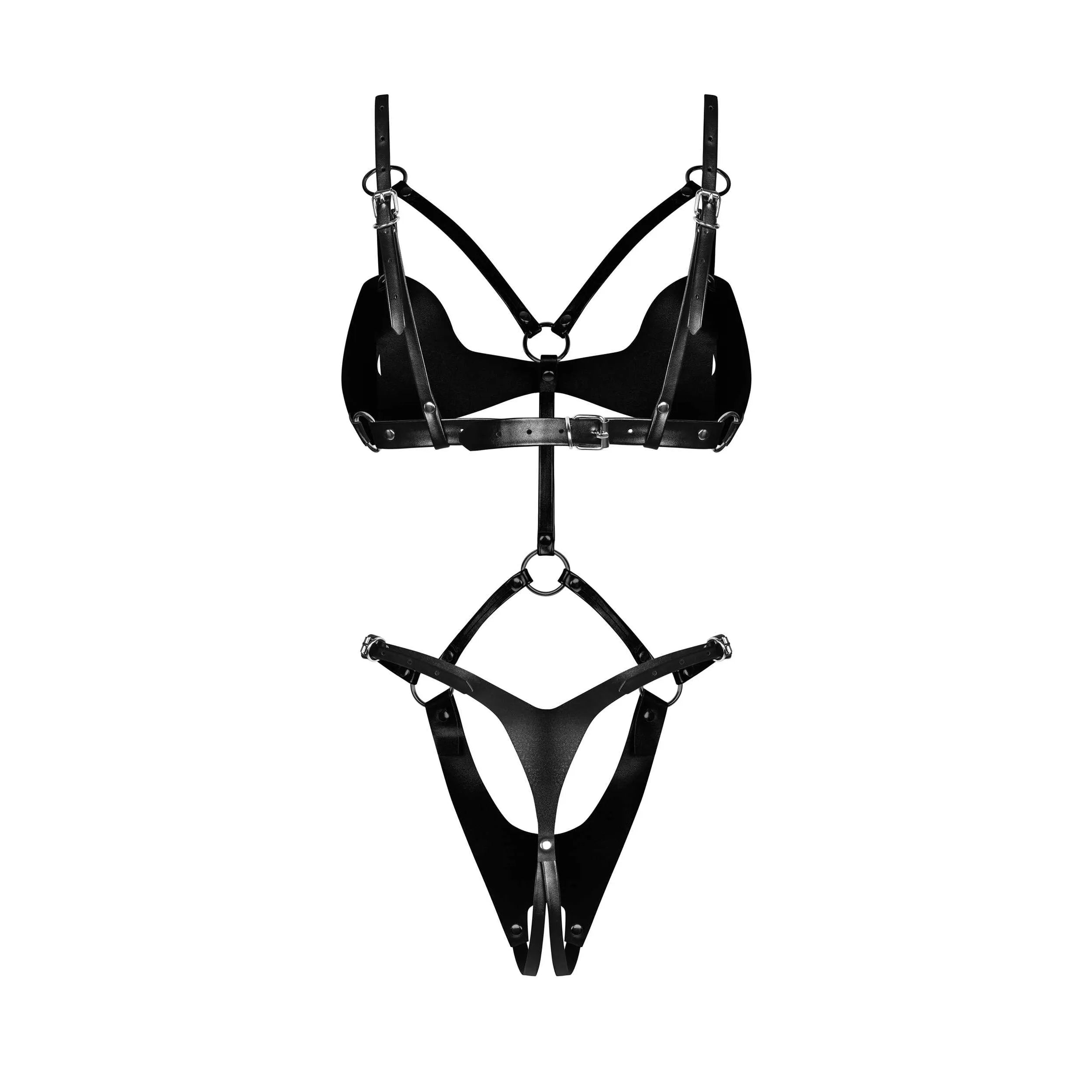 Body ouvert en éco-cuir noir avec sangles réglables et accents métalliques argentés, design sensuel et sophistiqué.