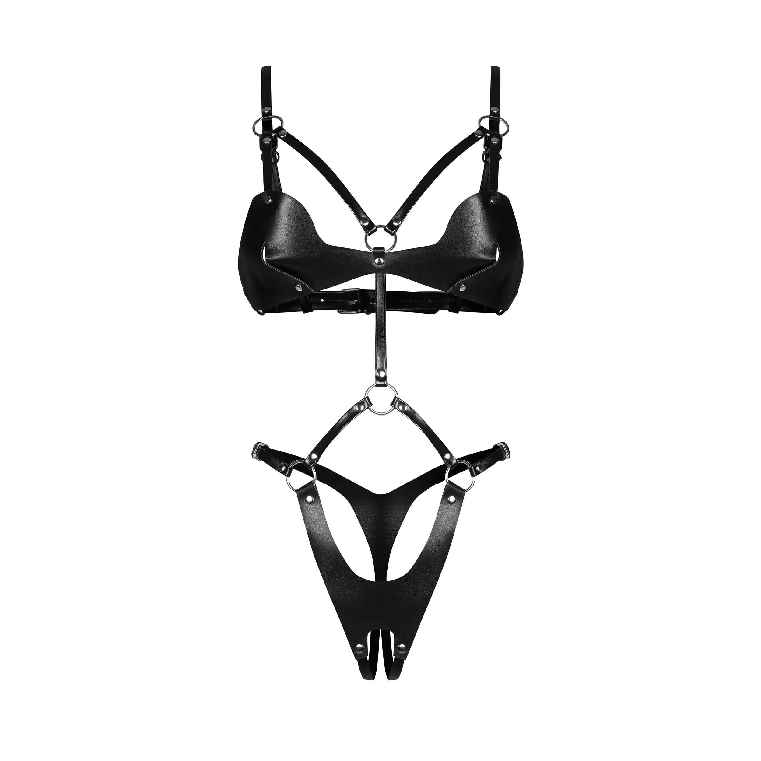 Body ouvert noir en éco-cuir avec sangles réglables et accents métalliques argentés, design sophistiqué et provocant.