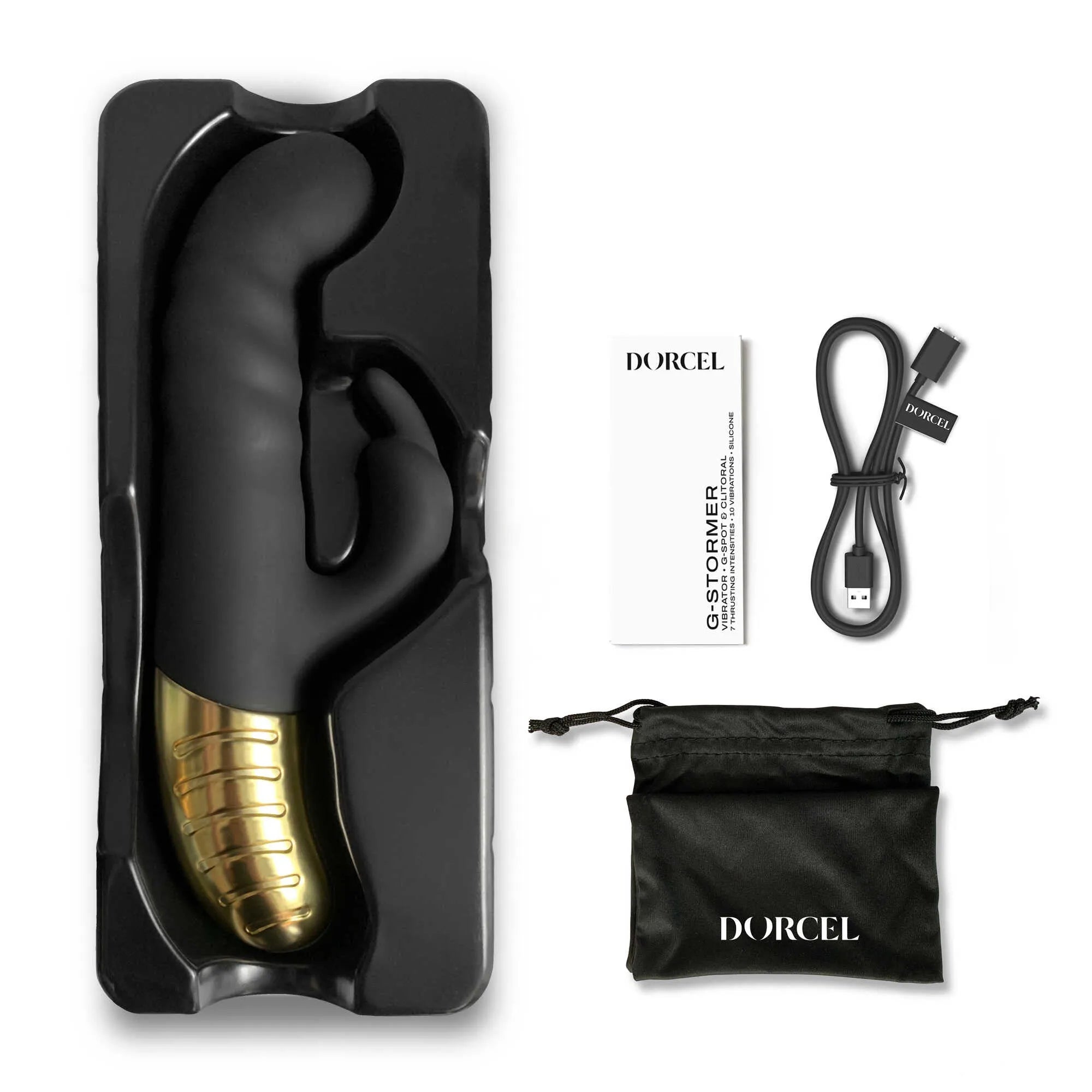 Vibromasseur G-Stormer Dorcel noir en silicone, forme ergonomique, avec câble USB, pochette et notice inclus.