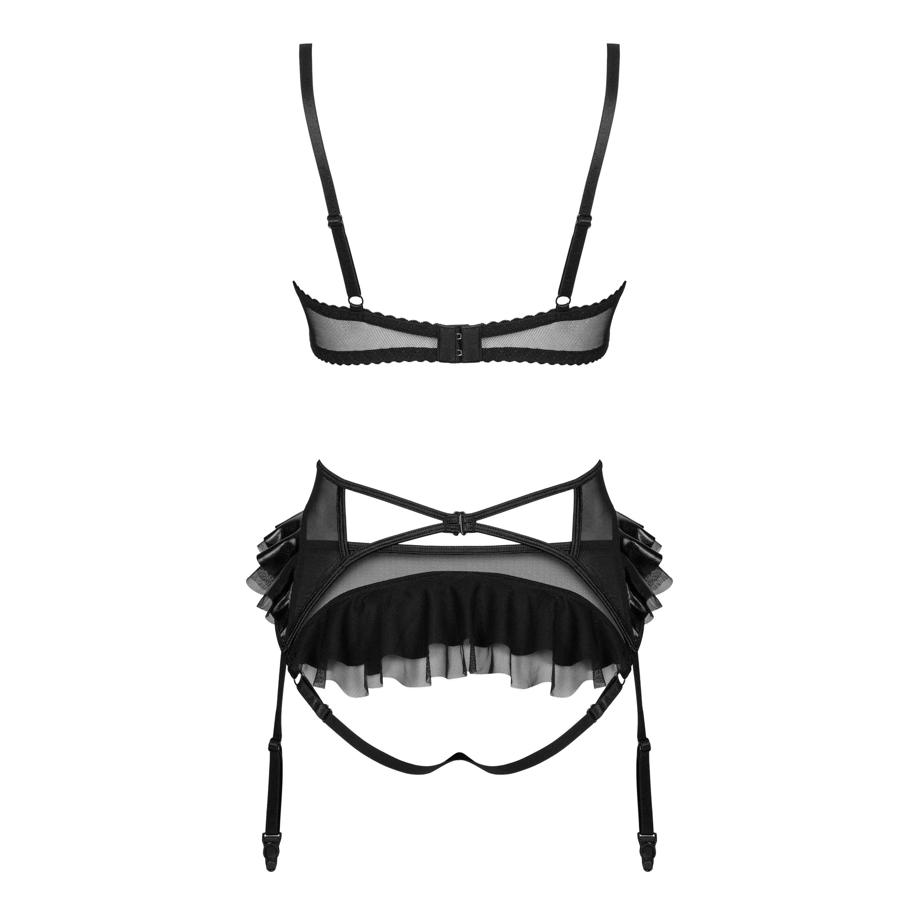 Ensemble lingerie dentelle noire effet vinyle avec jarretières, volants, ceinture haute et bretelles réglables.