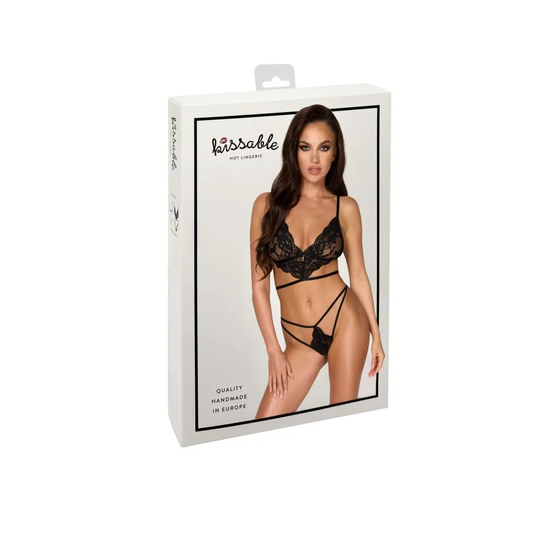 Ensemble lingerie dentelle noire, soutien-gorge et culotte sexy, élégant et confortable, en polyamide et élasthanne.