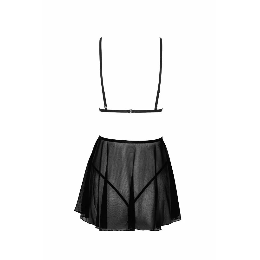 Babydoll tulle noire avec dentelle, culotte sexy assortie, élégante lingerie féminine, vue arrière.