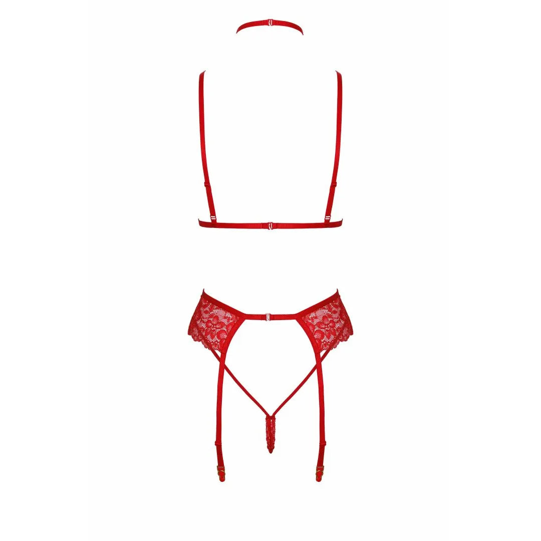 Ensemble lingerie rouge dentelle avec soutien-gorge, culotte, jarretelles et collier, style bondage élégant.