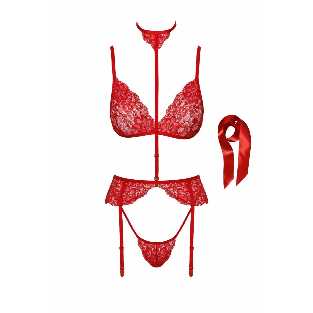Ensemble lingerie rouge dentelle avec soutien-gorge, culotte, jarretelles, collier et ruban, élégant et séduisant.