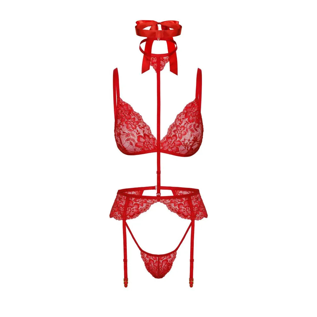 Ensemble lingerie rouge dentelle: soutien-gorge, culotte, jarretelles, collier, ruban. Élégance et sensualité.