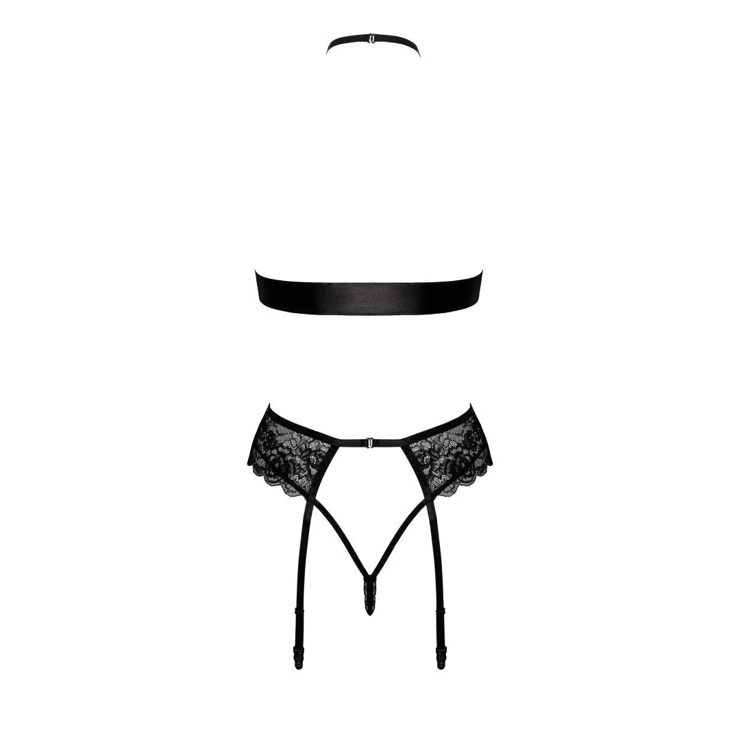 Ensemble lingerie bondage noir en dentelle avec porte-jarretelles et collier ruban, élégant et sophistiqué.