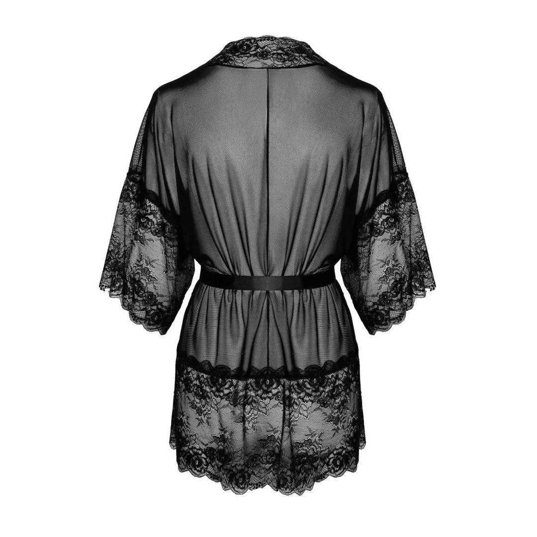 kimono noir tulle dentelle culotte assortie sexy femme élégant sensuel transparent léger respirant ajustement confort tailles S M L XL