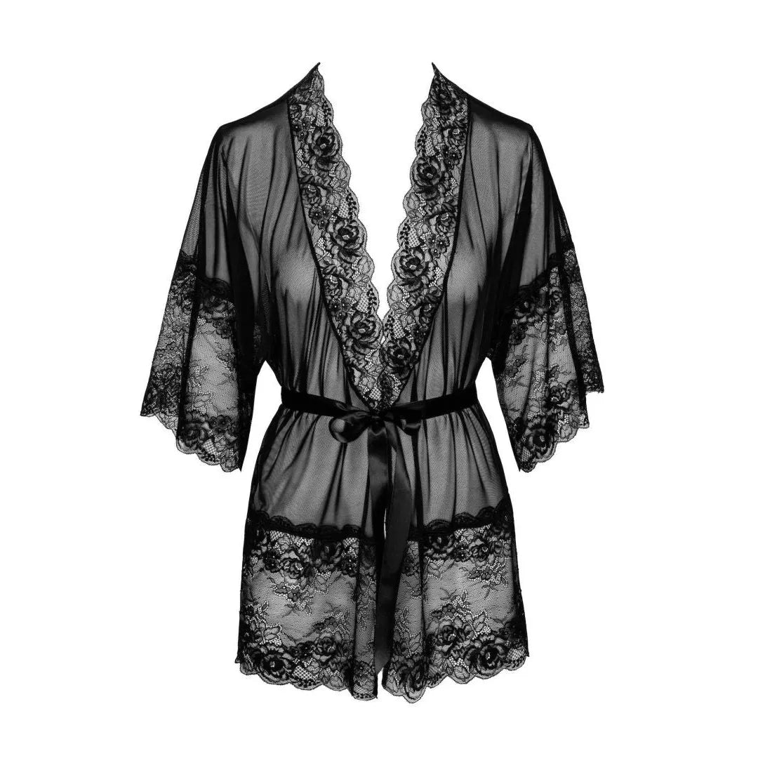 kimono noir tulle dentelle culotte assortie sexy femme élégant sensuel transparent léger respirant ajustement confort tailles S M L XL