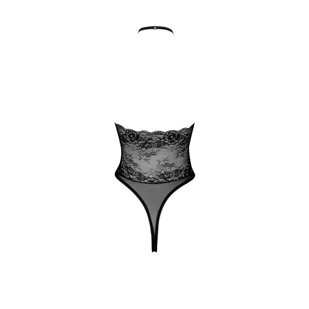 Body dentelle noire moulant avec ruban satin, élégant et séduisant, idéal pour soirée romantique.