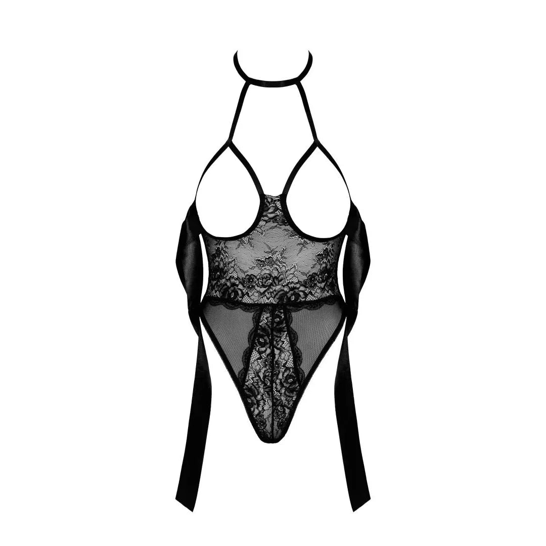 Body dentelle noire satin ruban, design élégant et raffiné, moulant et transparent, idéal pour soirée romantique.