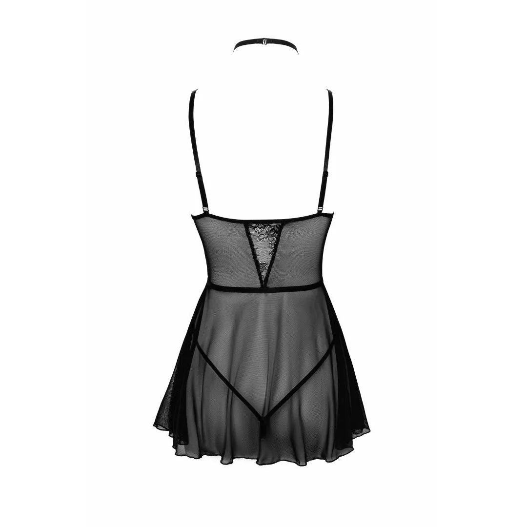 Babydoll noire en dentelle avec collier et culotte, design élégant et raffiné, lingerie femme sensuelle et confortable.