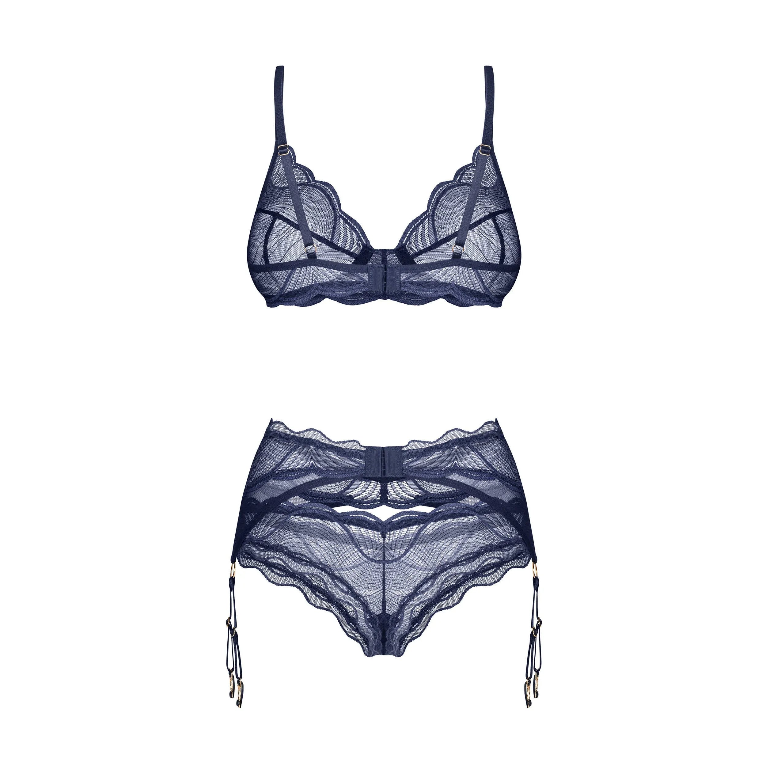 Ensemble lingerie trois pièces en dentelle bleu marine, bretelles ajustables, fermeture crochets, design sophistiqué.