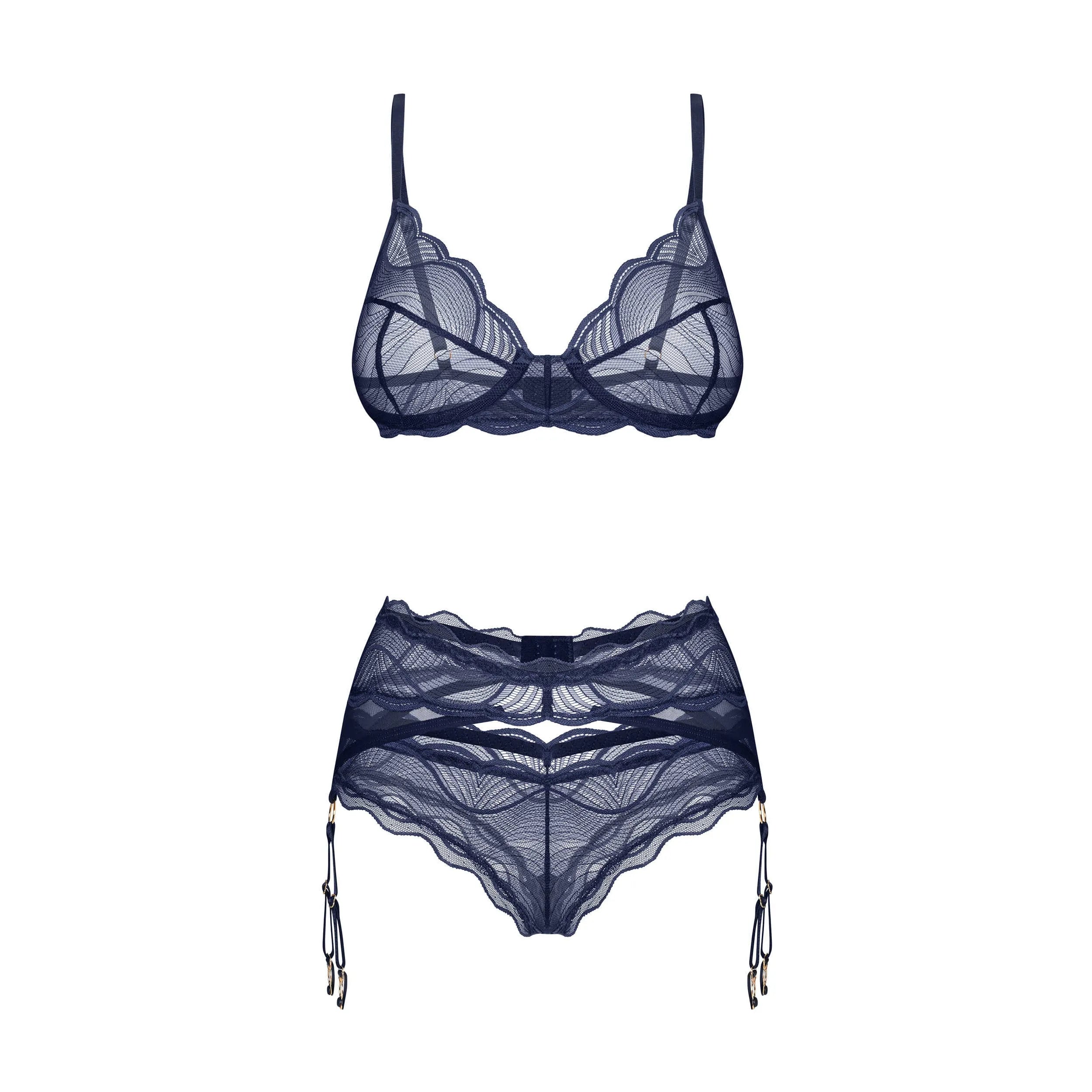 Ensemble lingerie trois pièces en dentelle bleu marine, bretelles ajustables, fermeture crochets, design sophistiqué.