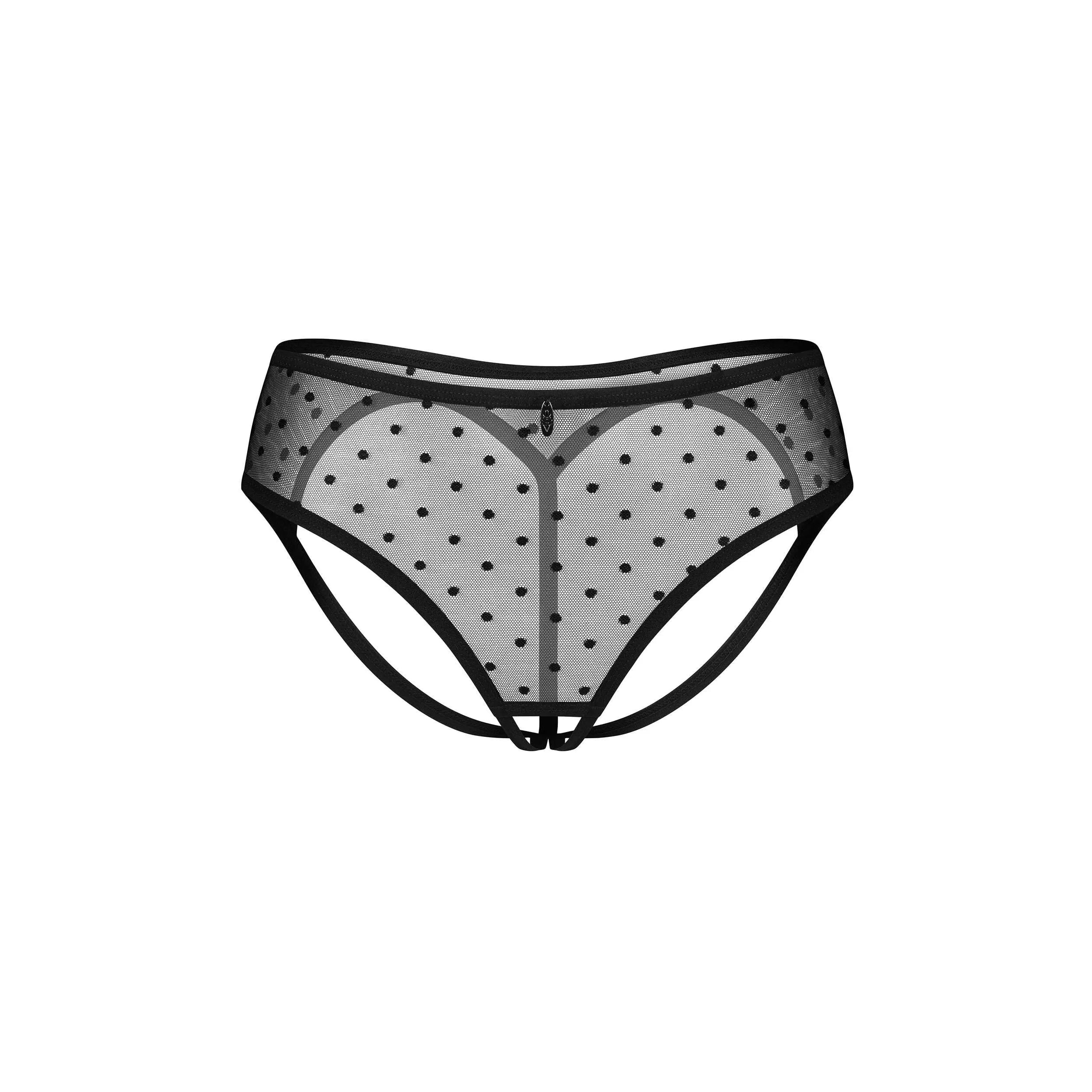 Culotte haute ouverte noire à pois, tissu doux et élastique, sangle dorsale séduisante, design élégant et moderne.