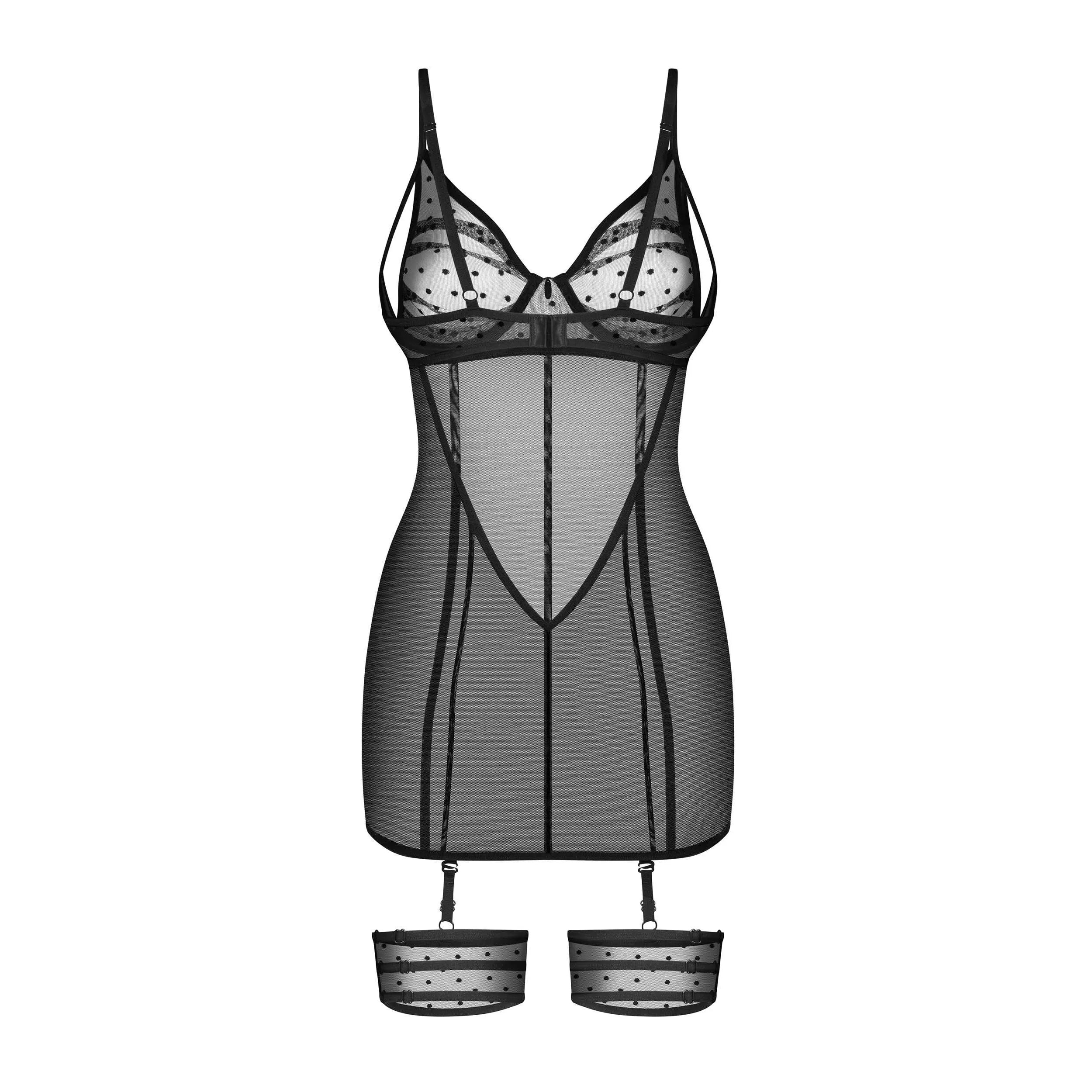 Chemise nuisette noire ajustée luxe, jarretières, bretelles réglables, bonnets armatures, tissu transparent élégant.