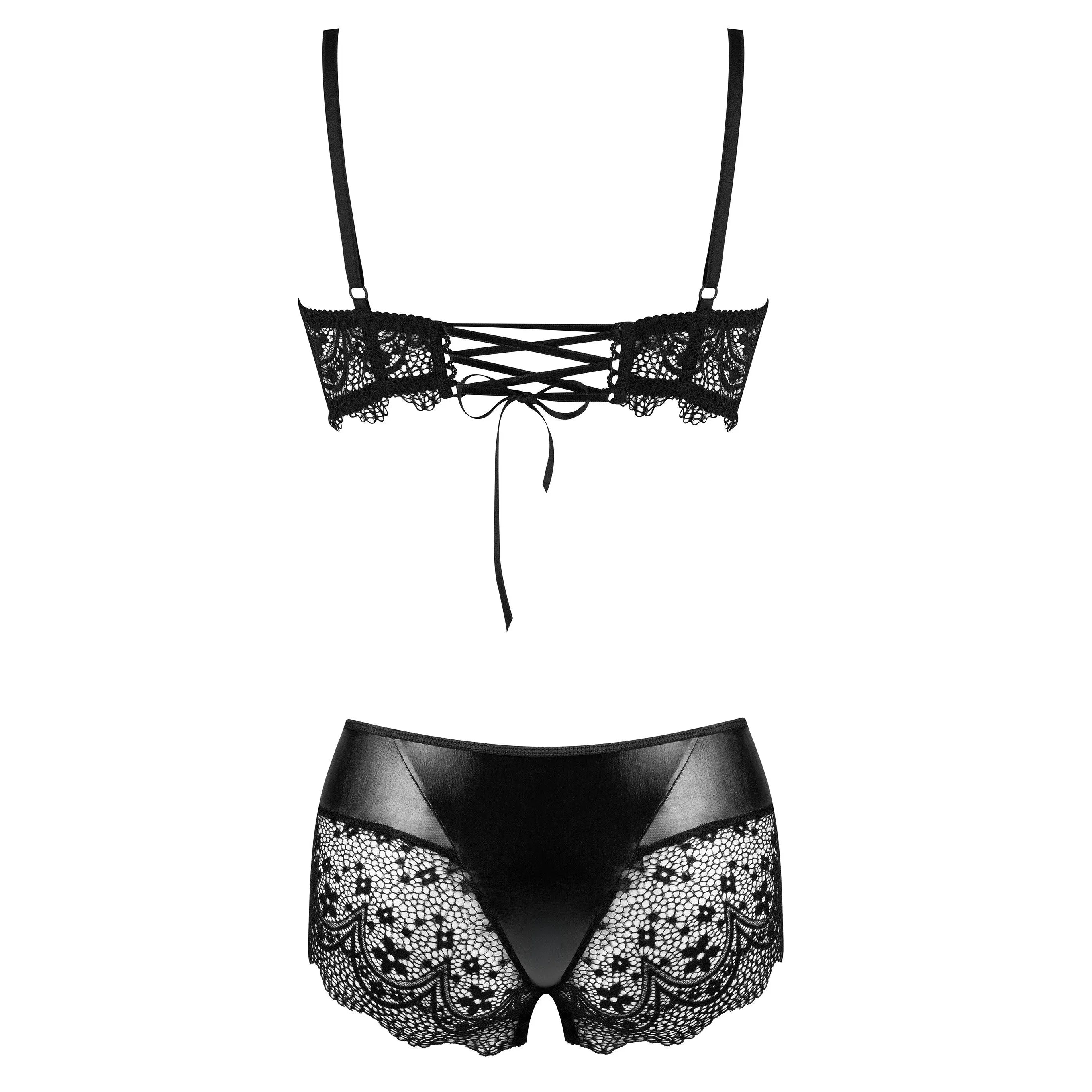 Ensemble lingerie dentelle noire, soutien-gorge bonnets souples, bretelles réglables, culotte dentelle, glamour et confort.
