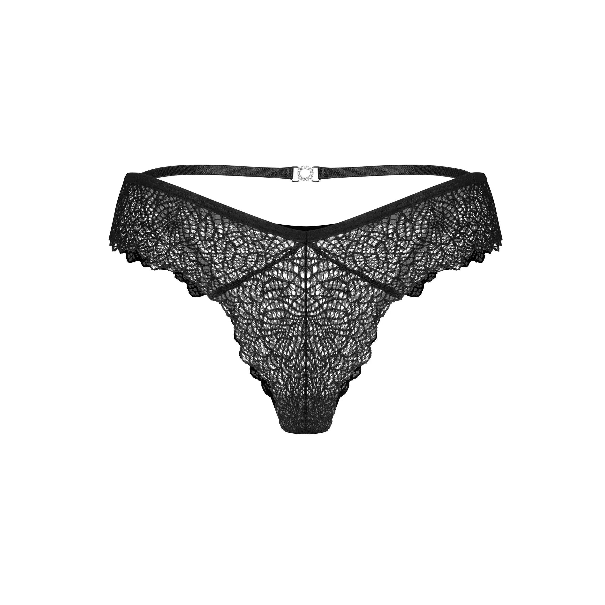 Culotte brésilienne dentelle noire, coupe ajustée, détails élégants, fermeture décorative, féminine et sophistiquée.