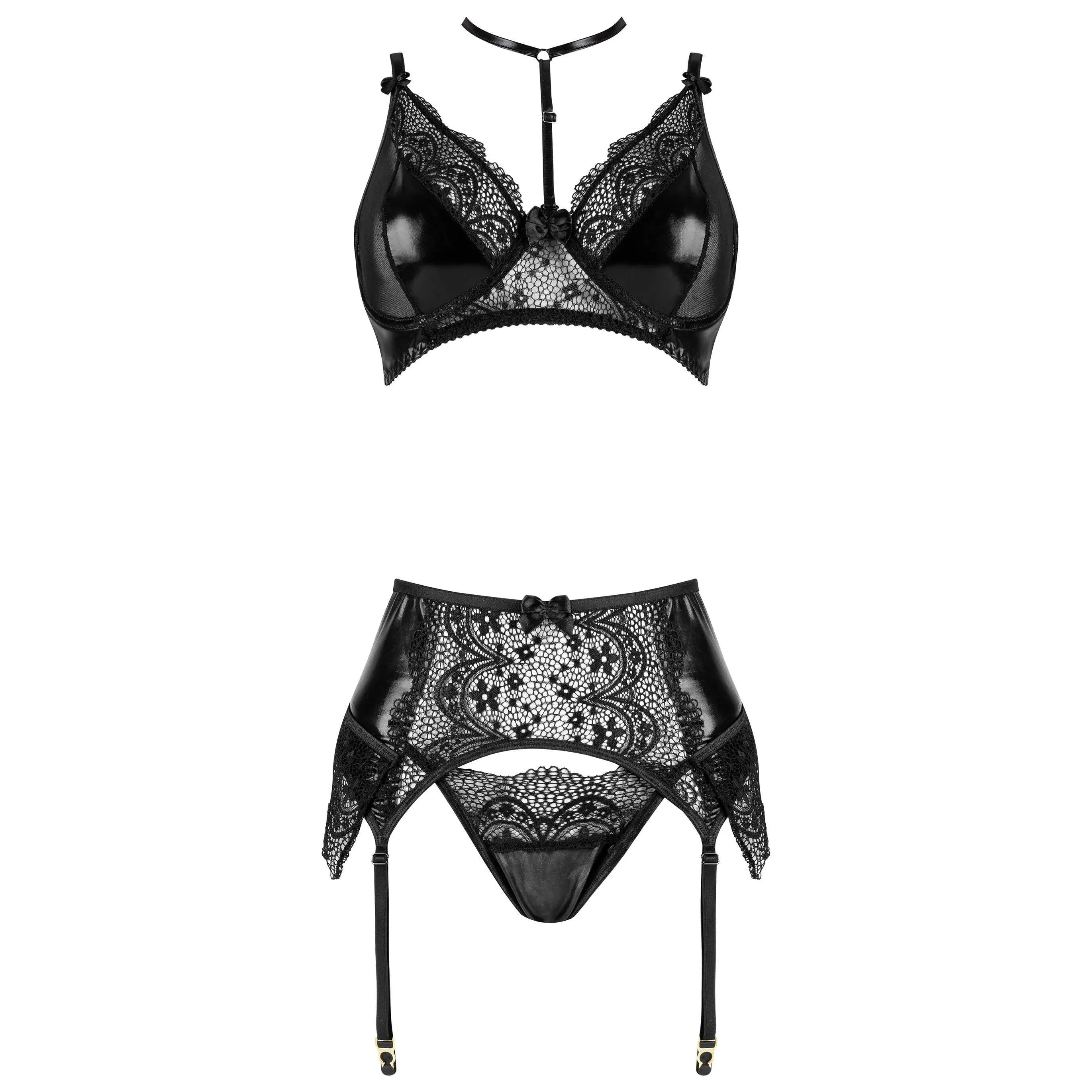 noir lingerie ensemble luxe dentelle laqué brillant sophistiqué séduisant bretelles réglables portejarretelles laçage raffiné culotte confort tailles femmes