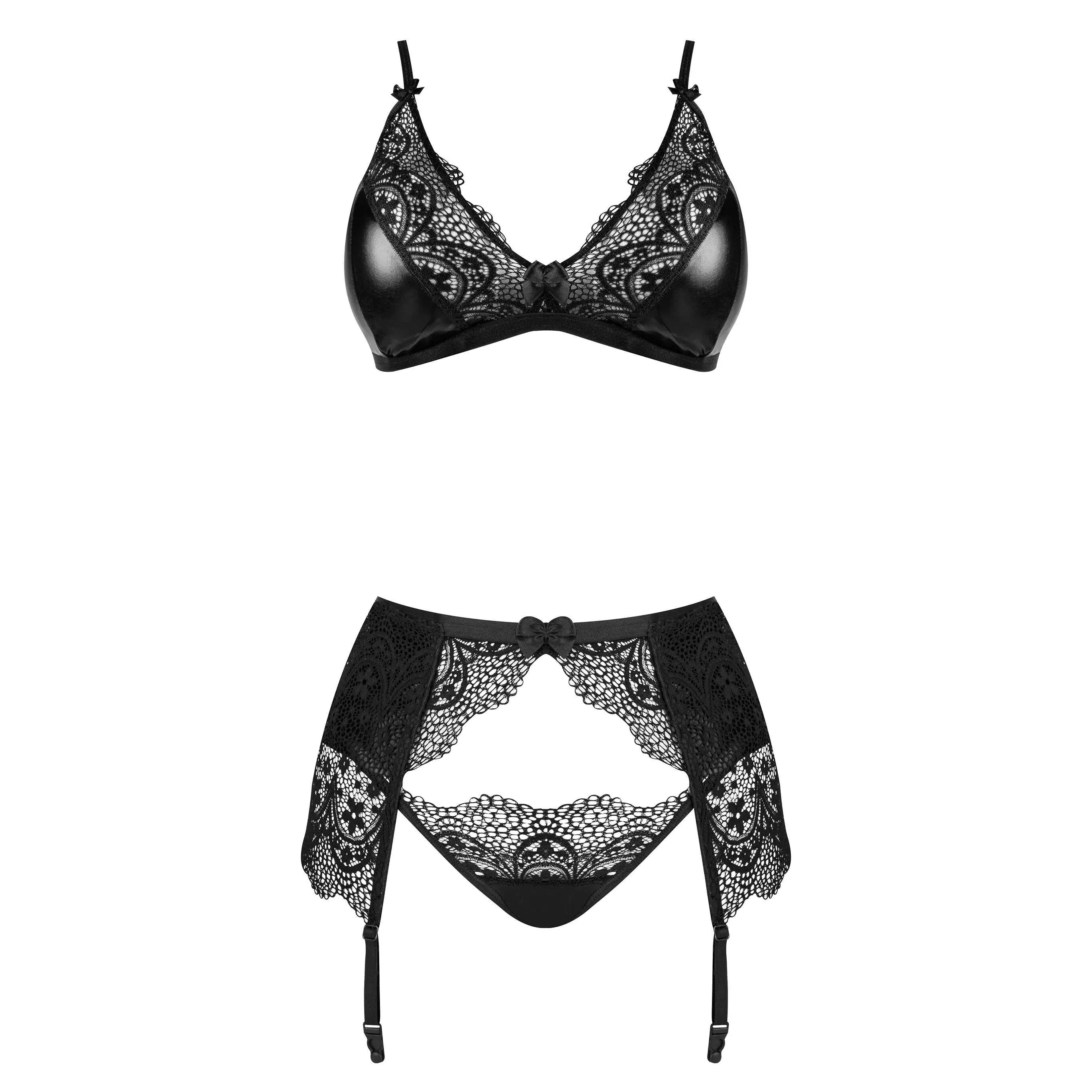 Ensemble lingerie noir dentelle wetlook, soutien-gorge et jarretière avec bretelles réglables, élégant et sensuel.