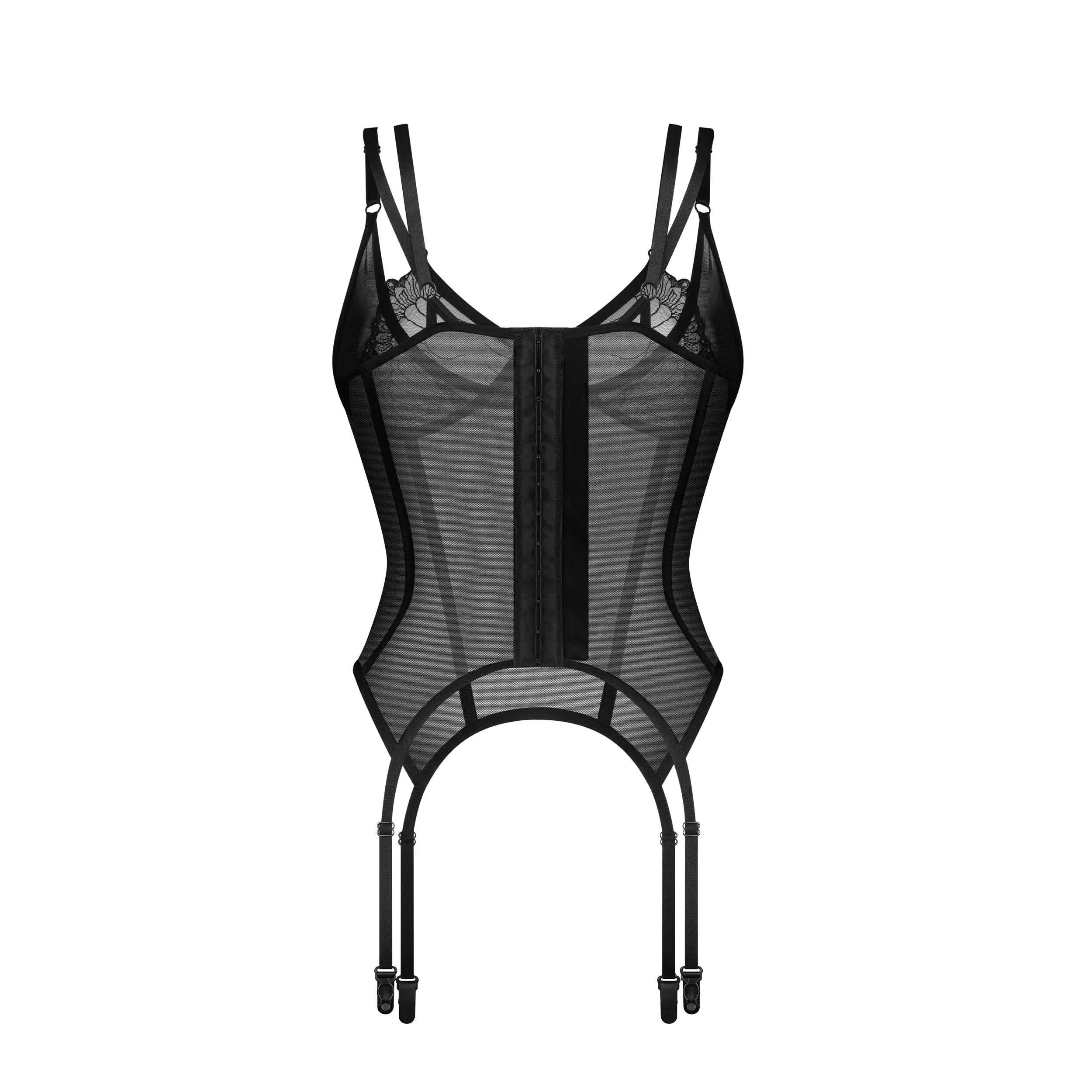 Corset noir transparent dentelle délicate, armature ajustable, bretelles réglables, design élégant pour silhouette affinée.