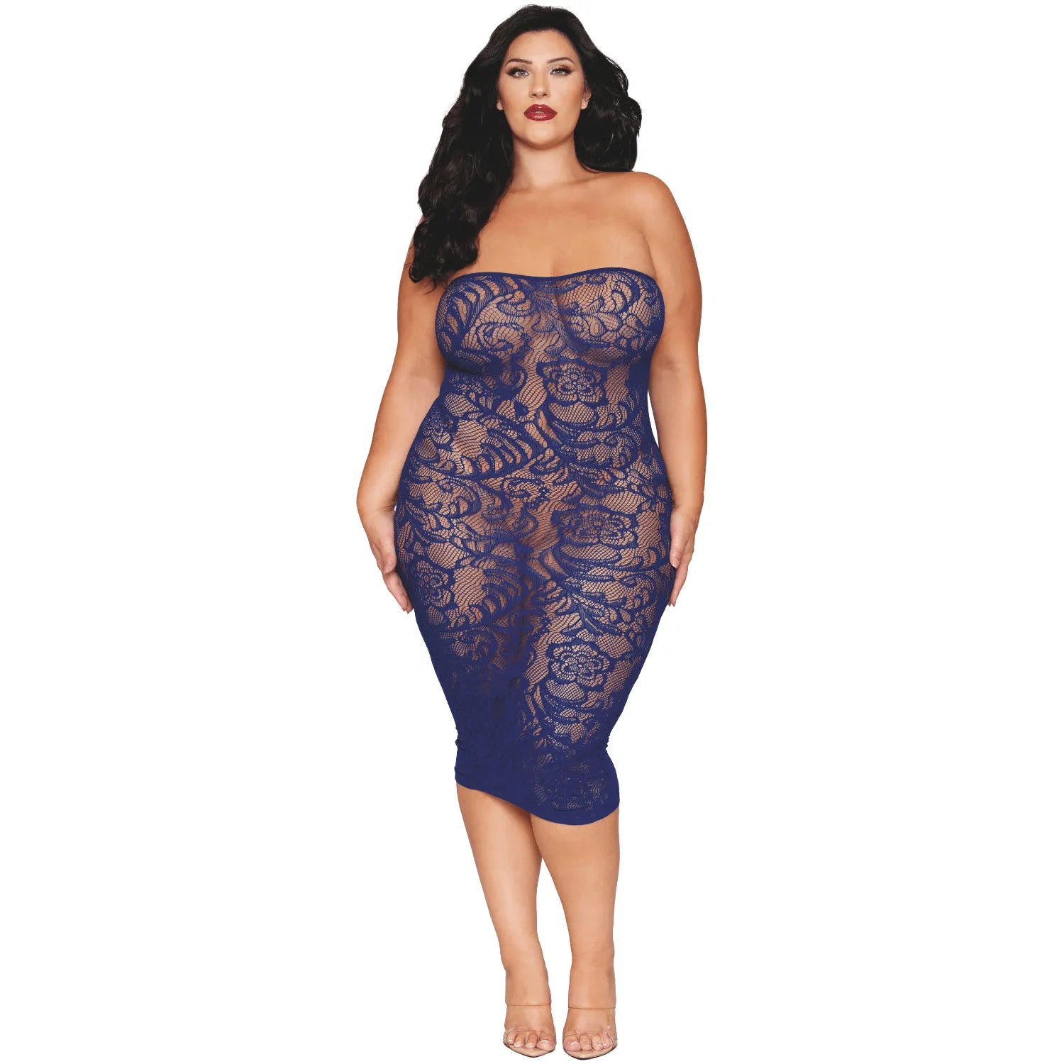 Ensemble robe bleu marine grande taille, top manches longues, nylon spandex, élégant, confortable, extensible.
