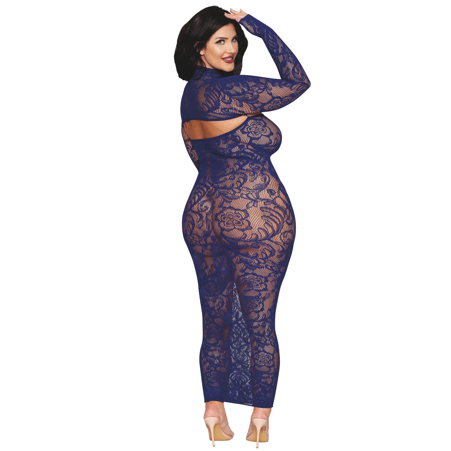 Ensemble deux pièces grande taille bleu marine, robe et top manches longues en dentelle extensible, élégant et flatteur.