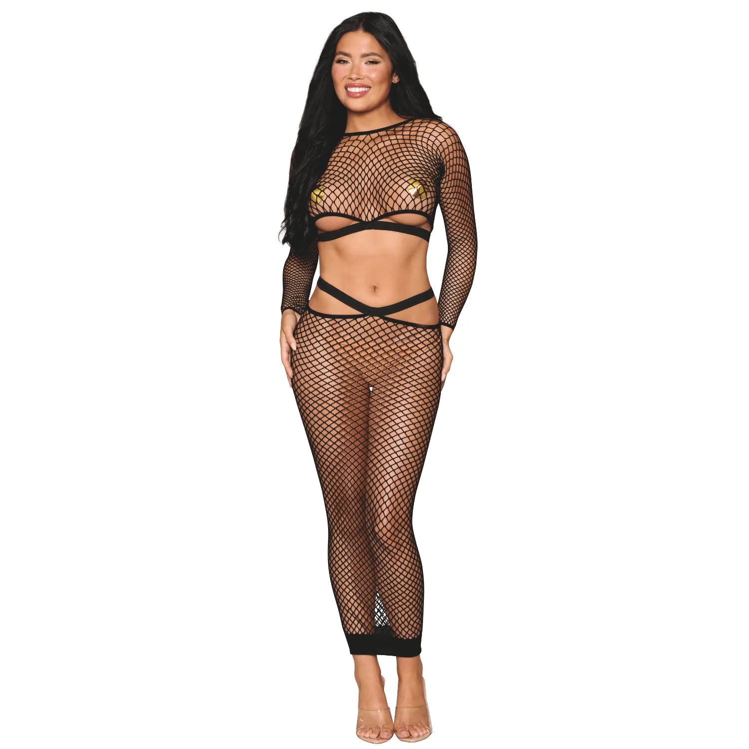 ensemble résille large maille noire top manches longues jupe longue sexy chic moulant extensible nylon élasthanne taille unique soirée