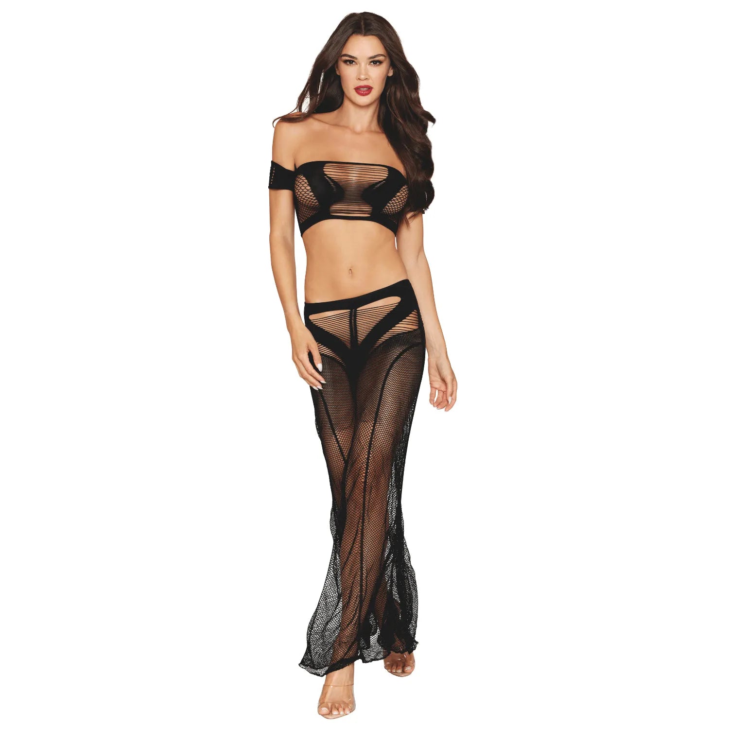 ensemble deux pièces résille maille top jupe longue noire nylon spandex extensible moulant transparent léger élégant
