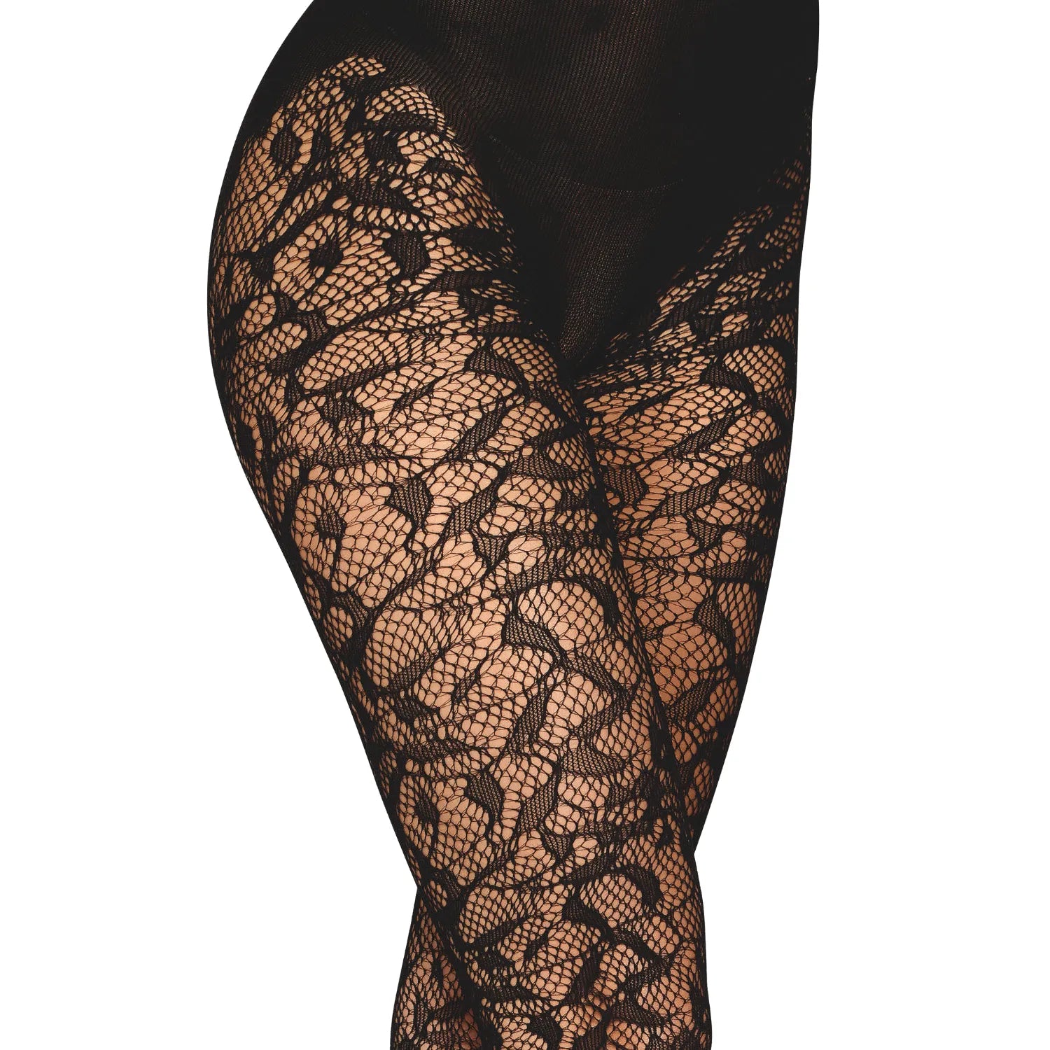 Collant fantaisie noir imprimé, culotte haute, motif élégant, nylon spandex extensible, style chic et sophistiqué.