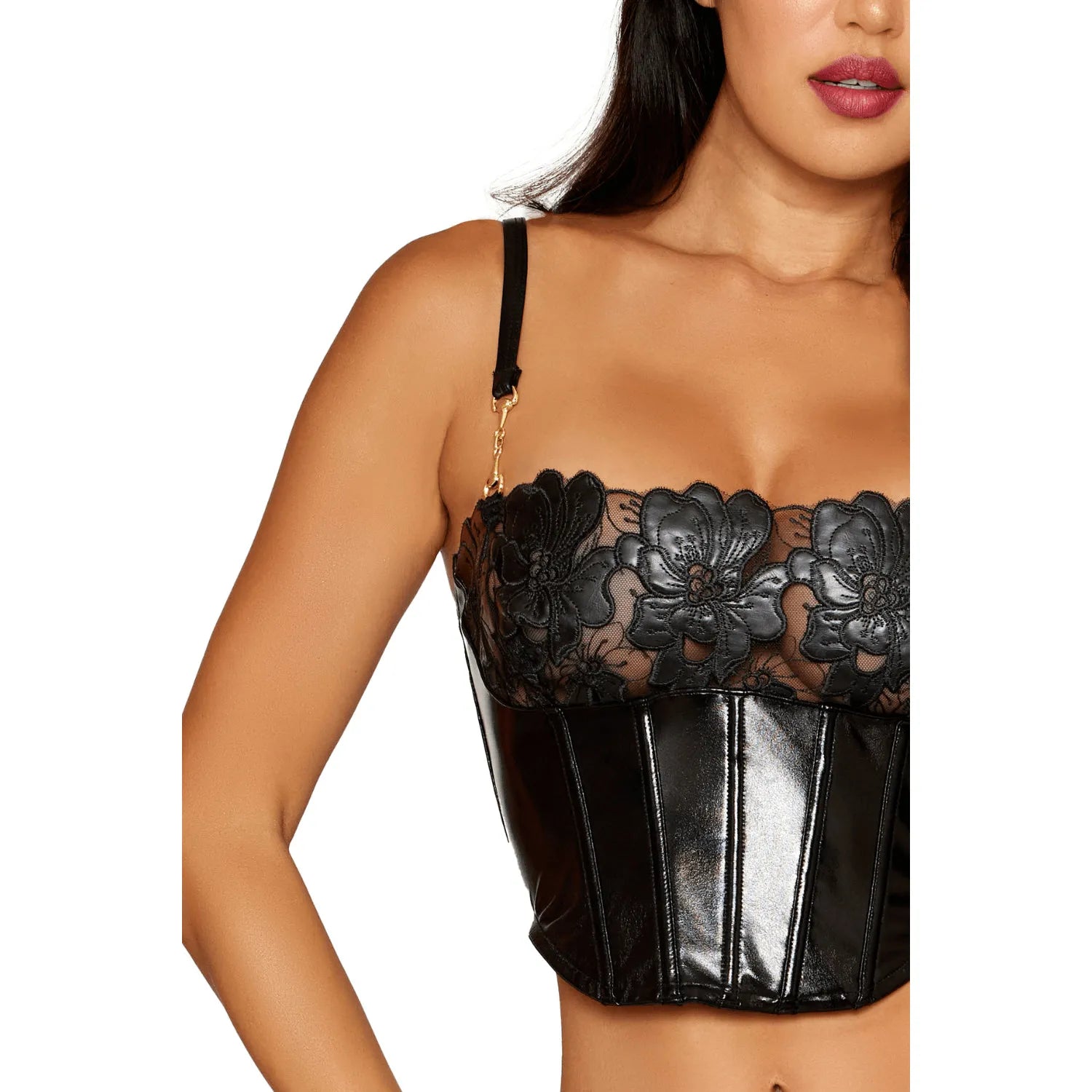 Bustier noir simili cuir et dentelle avec armatures, design élégant et ajusté, string assorti, lingerie sexy et confortable.