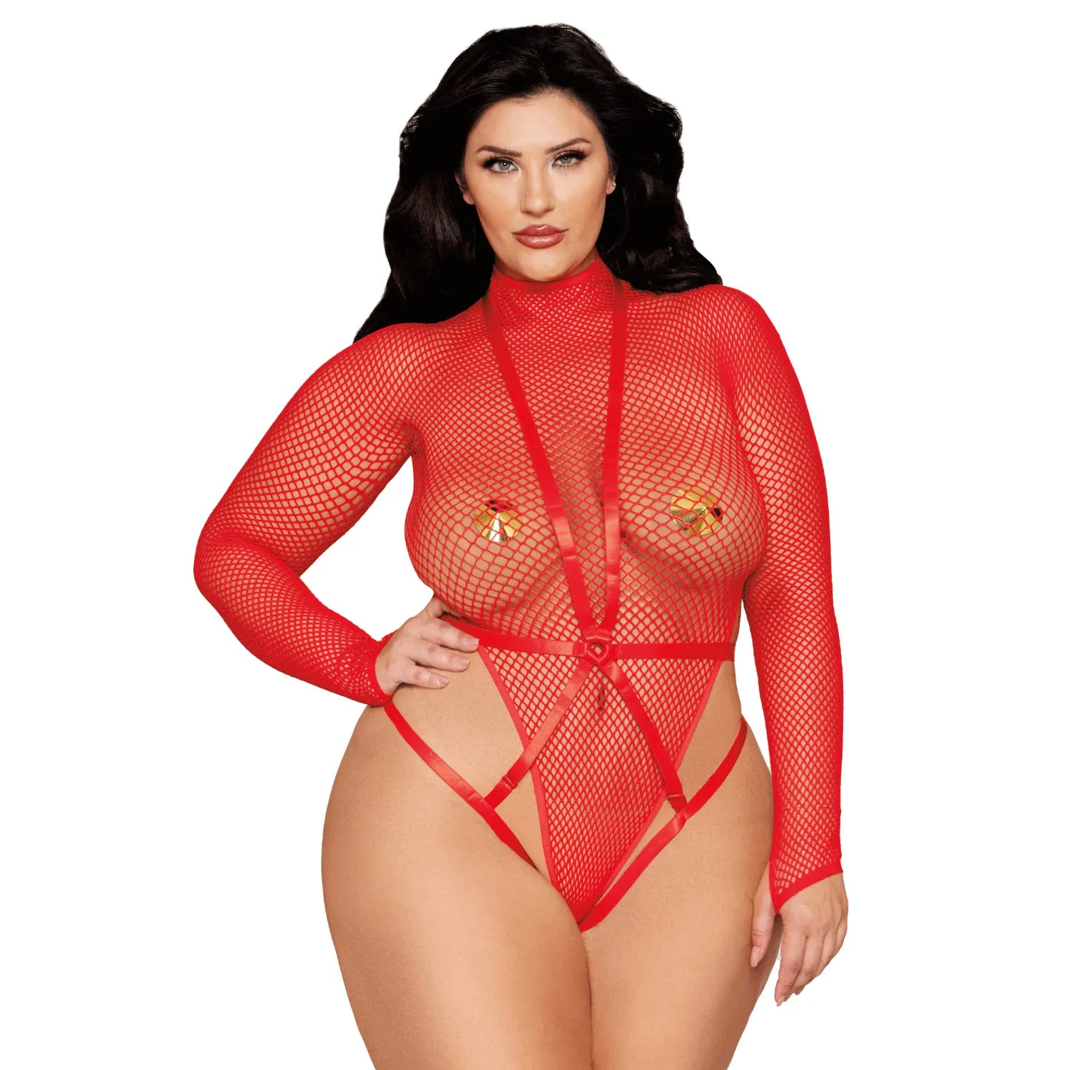 body résille rouge grande taille manches longues harnais amovible nylon élasthanne extensible confortable sensuel glamour séduisante