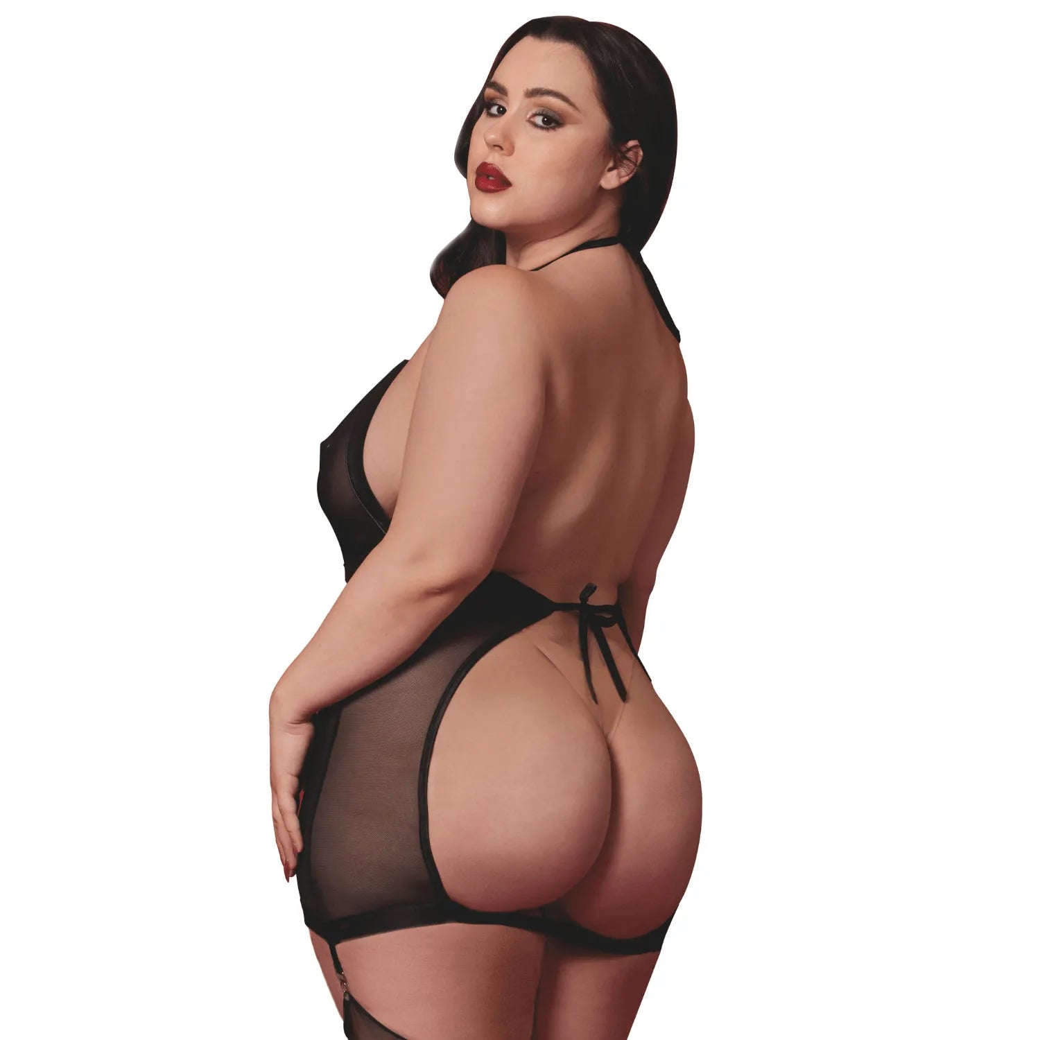 Nuisette grande taille noire transparente porte jarretelles intégrés fouet amovible attaches réglables nœuds dos cou polyester élasthanne sensuelle élégante