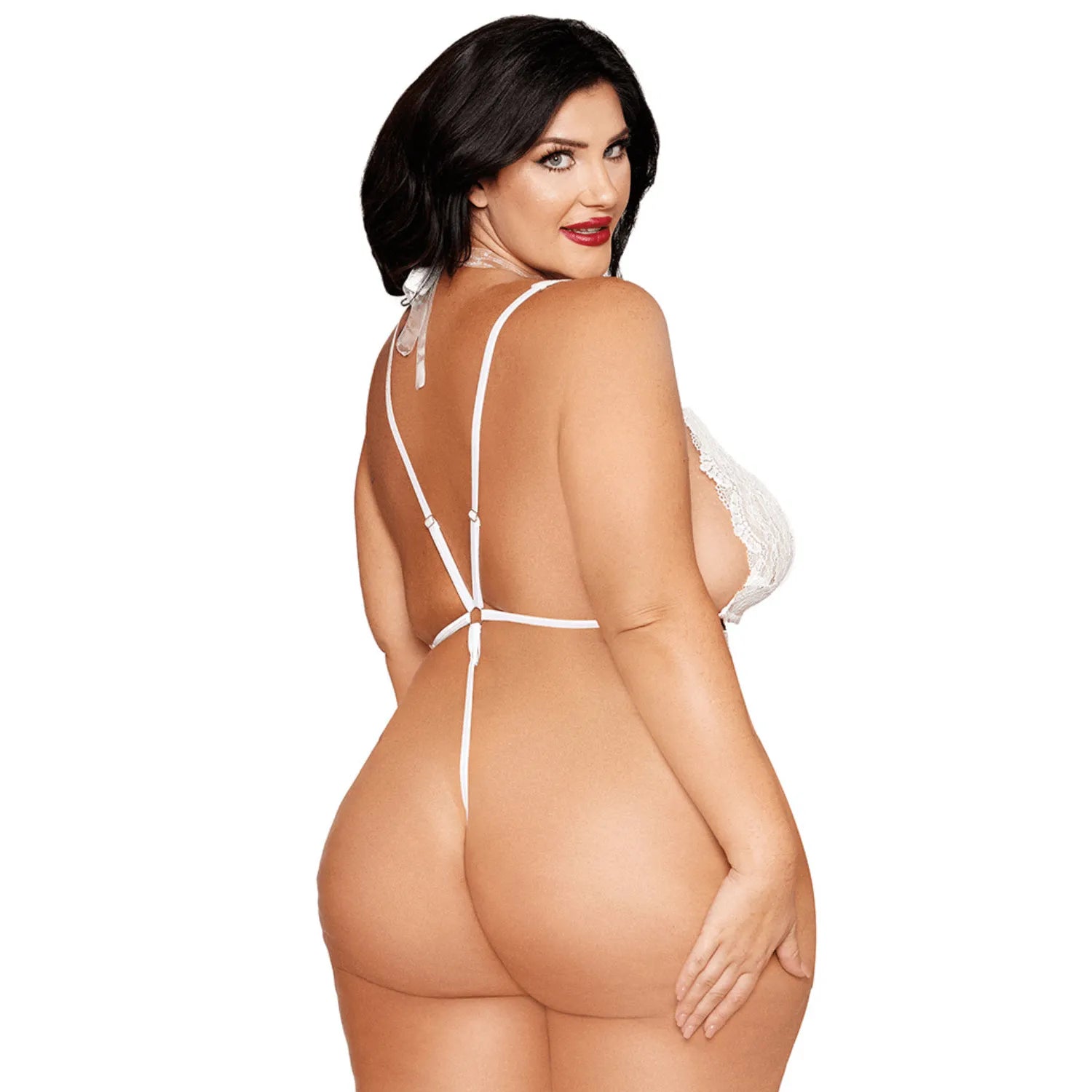 Ensemble lingerie grande taille dentelle blanche, bodystring avec perles cœur, bretelles ajustables, élégant et sensuel.