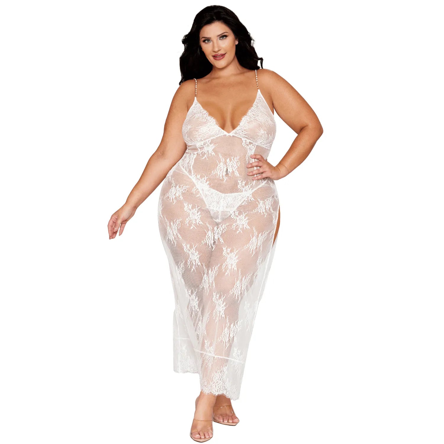 nuisette longue blanche grande taille dentelle florale bretelles dorées perles réglables string assorti confort doux nylon élégant raffiné sexy romantique