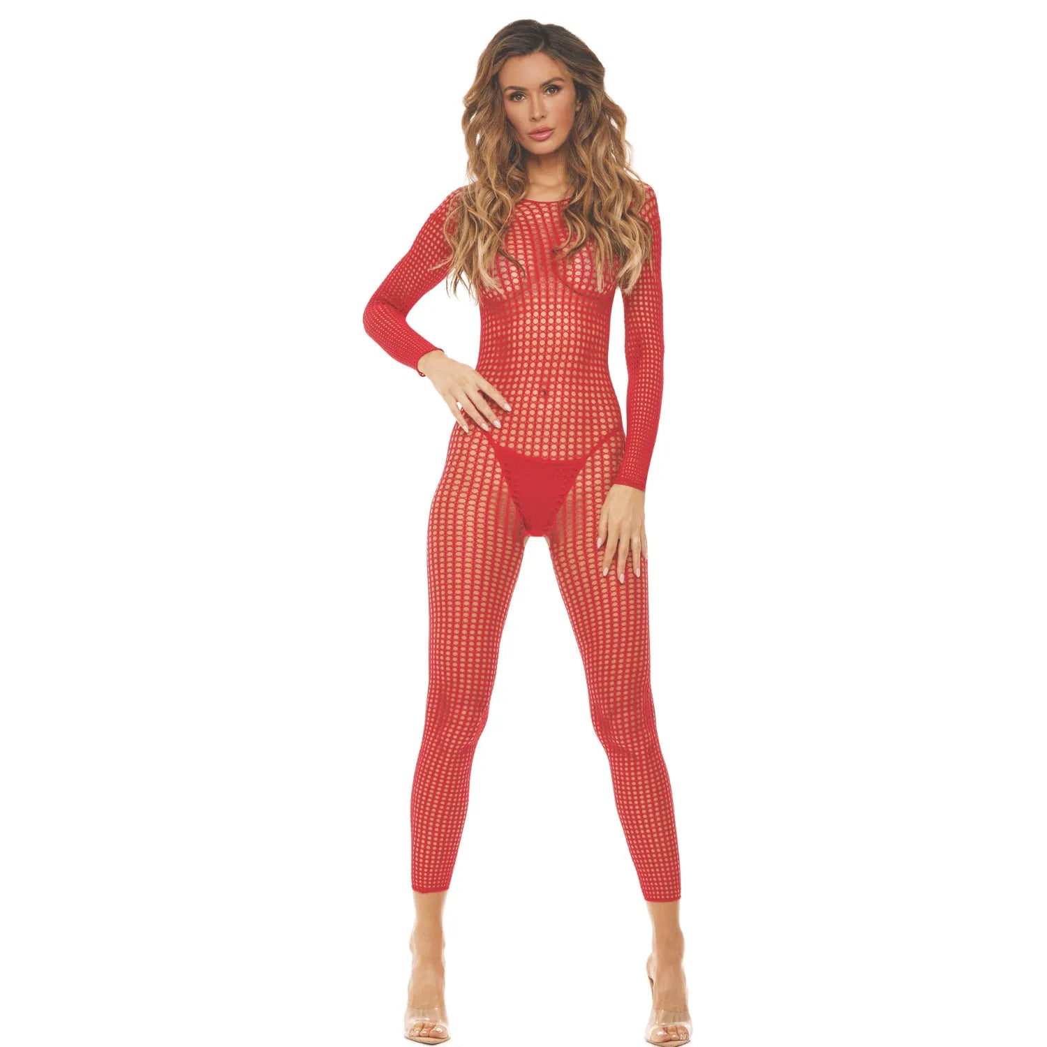 bodystocking résille rouge ouvert entrejambe nylon femmes lingerie sexy ajustement confortable extensible transparent glamour séduisant taille unique OS soirée intime