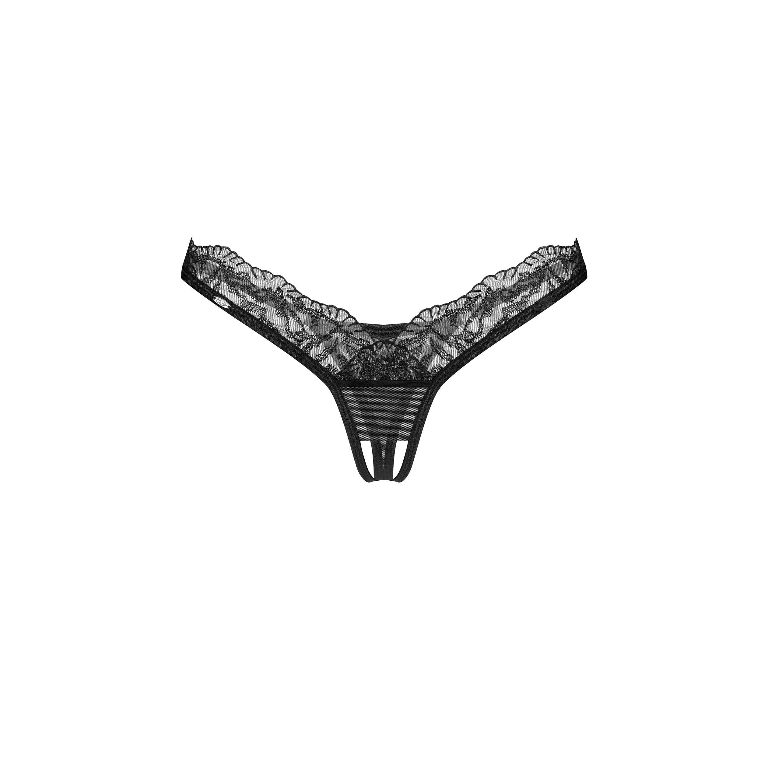 String ouvert noir en dentelle décorative avec tissu transparent et bretelles réglables, style audacieux et élégant.