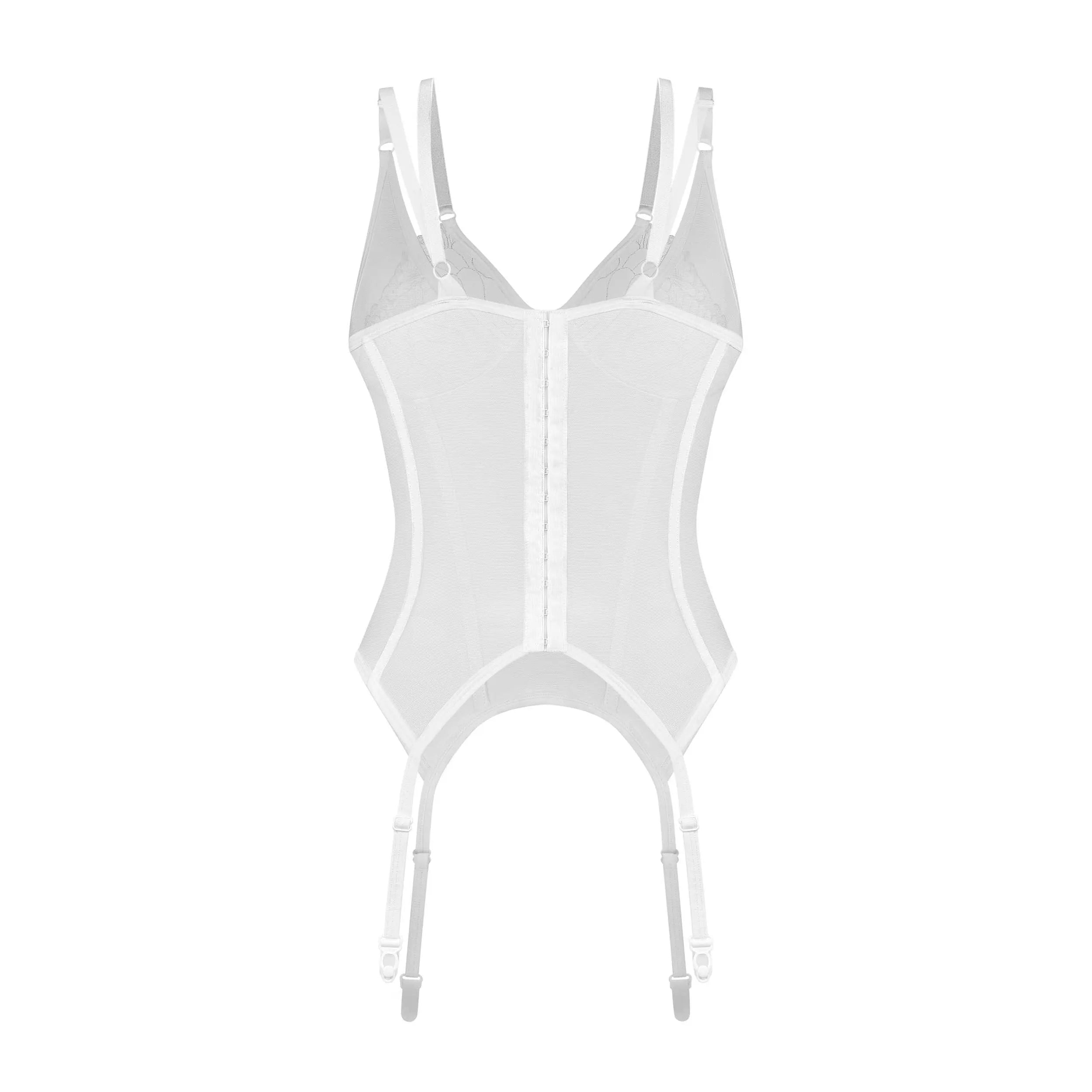 Corset blanc en dentelle transparente avec désossage vertical, bonnets à armatures, bretelles et jarretelles réglables.