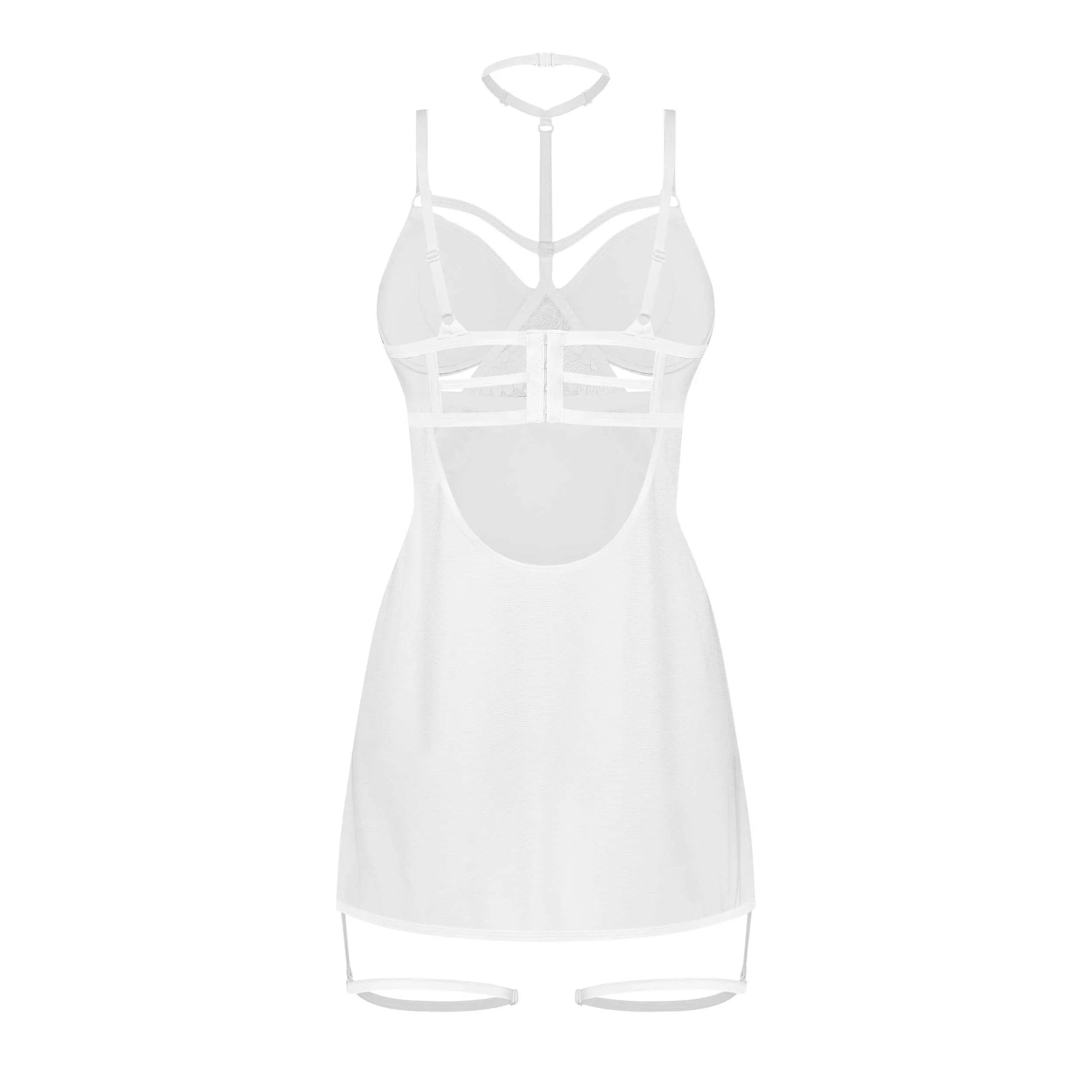 Nuisette blanche en dentelle transparente avec choker, jarretières et lanières, design élégant et ajustable.