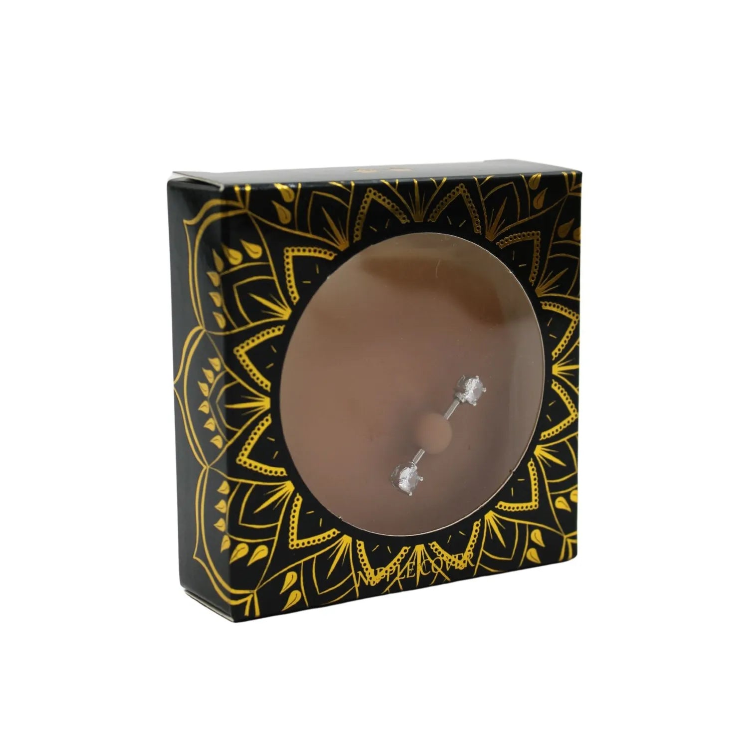 Cache-tétons silicone adhésifs peau métissée avec faux diamant, élégant et discret, dans un emballage noir et doré.