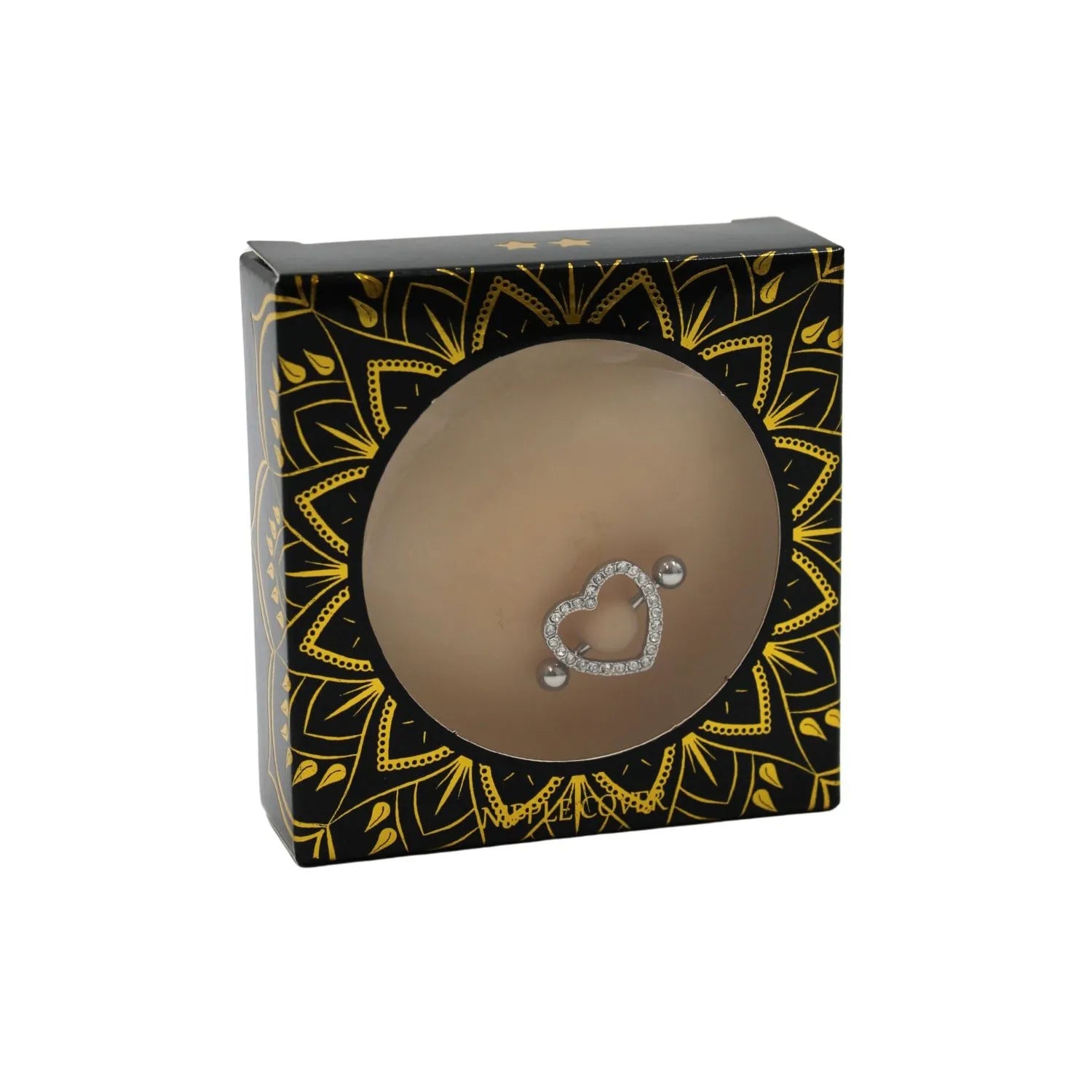Cache-tétons adhésifs réutilisables peau claire avec piercing cœur faux diamants, dans boîte noire élégante.