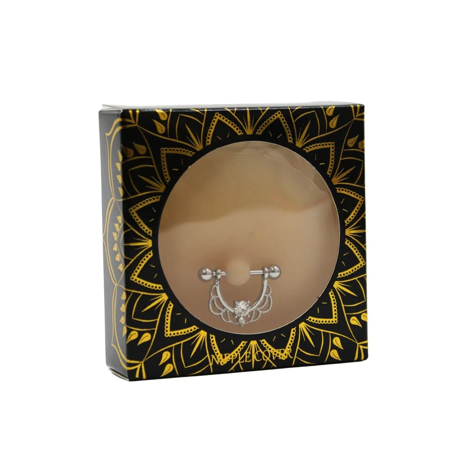 Cache-tétons silicone chair avec piercing demi-anneau strass, emballage élégant noir et or, pour peaux claires.