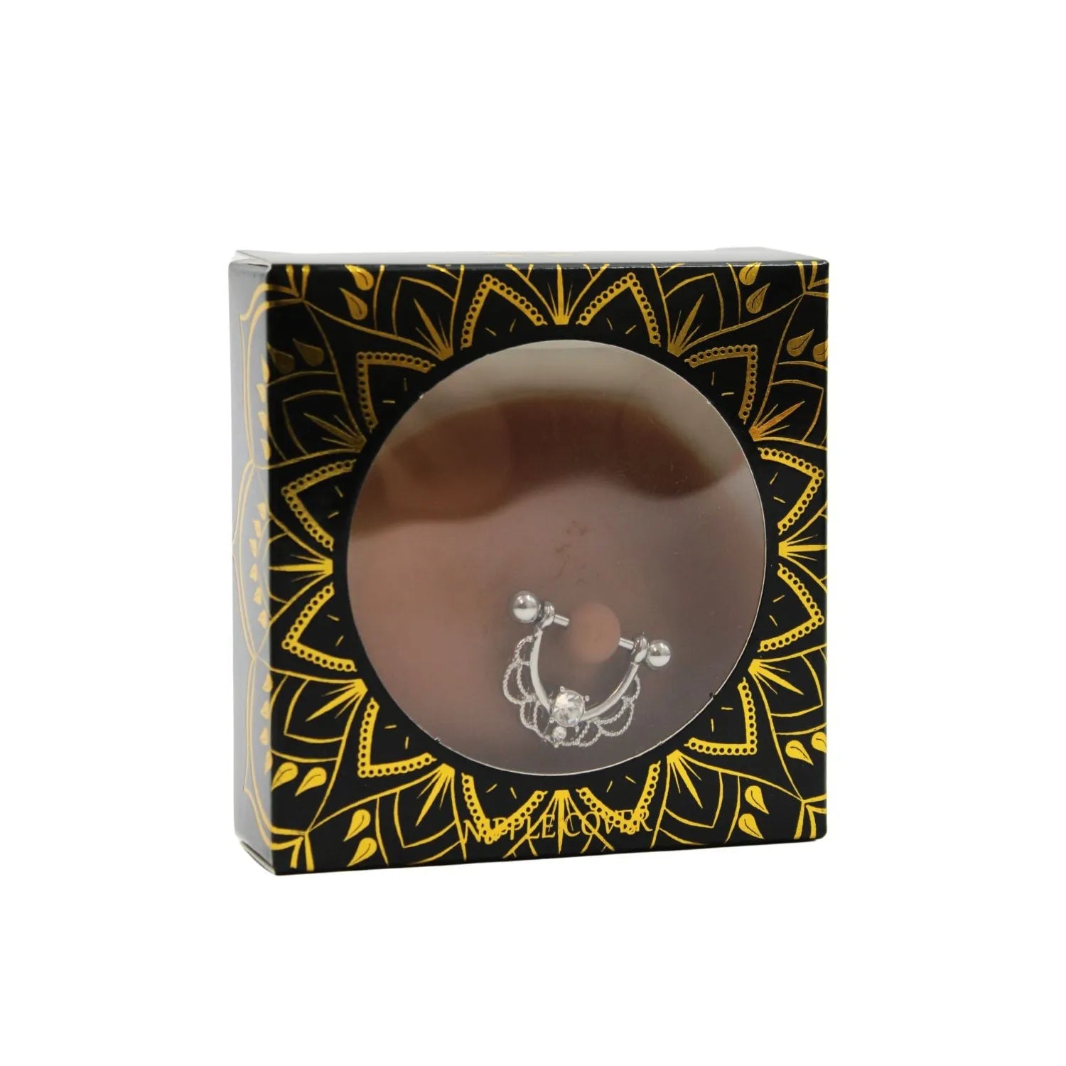 Cache-tétons adhésifs silicone noir avec piercing faux diamant, design discret et glamour pour peaux foncées.