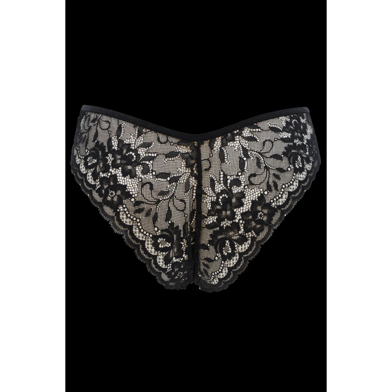 Culotte dentelle noire élégante, avant opaque doux, arrière floral transparent, nœud satin, tailles S-XL.