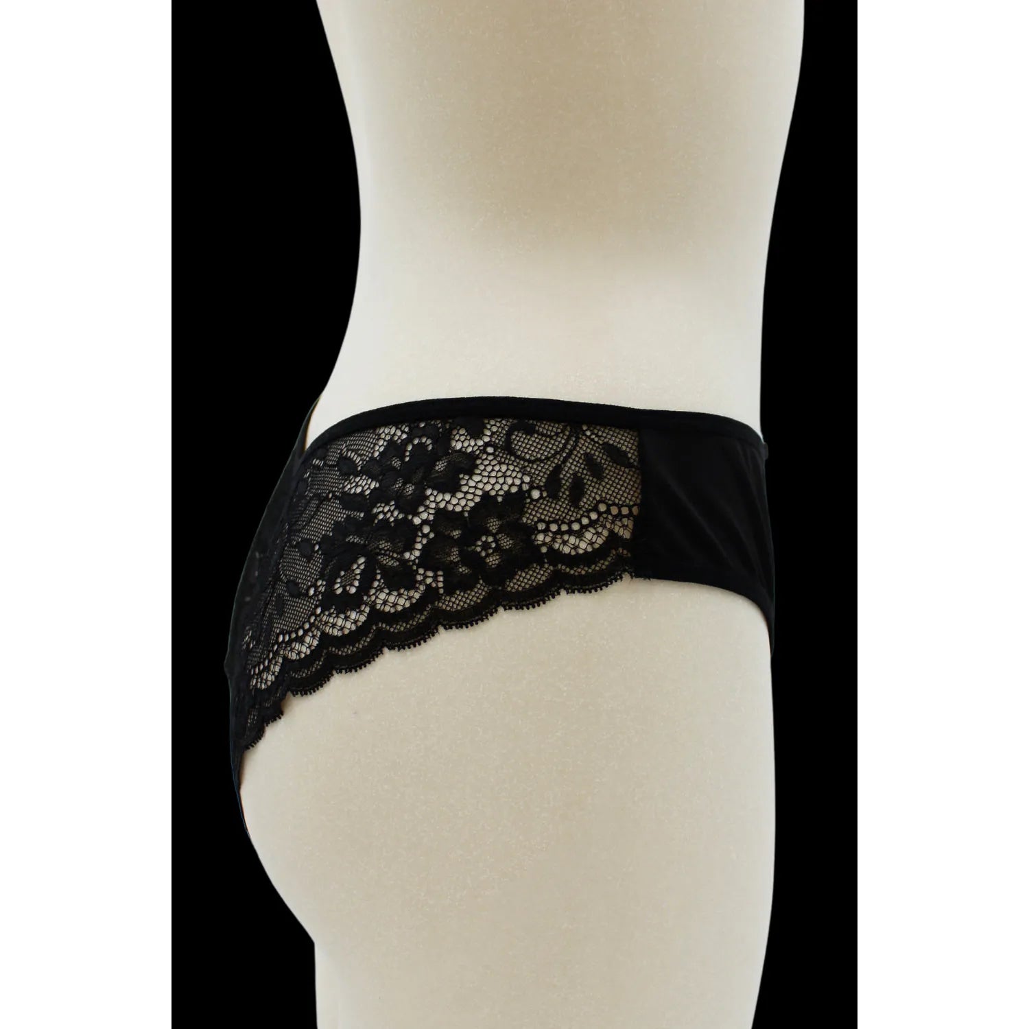 Culotte noire dentelle florale, nœud satin, avant opaque, arrière transparent, échancrée, tailles S-XL, confort féminin.