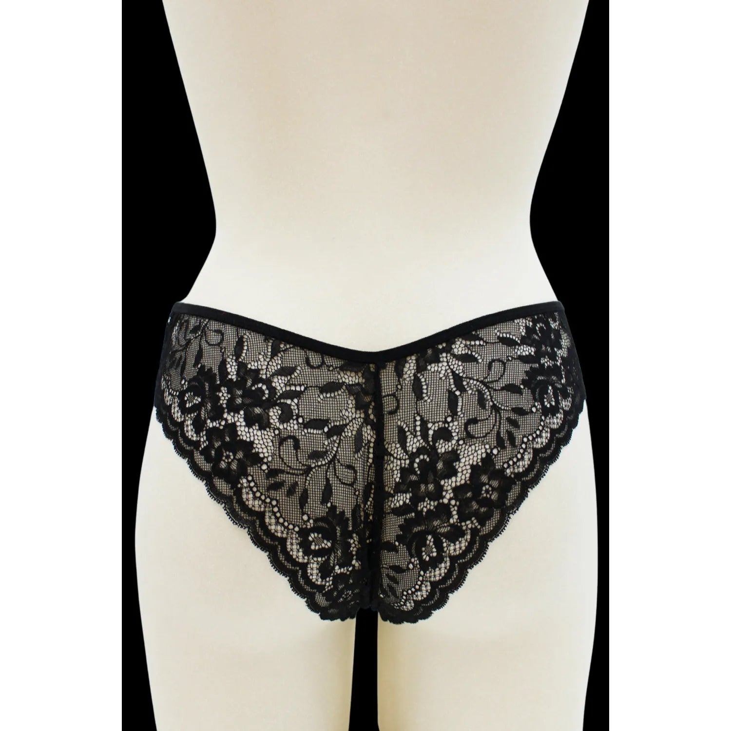 Culotte dentelle noire avec nœud satin, avant opaque, arrière floral transparent, échancrée, tailles S-XL.