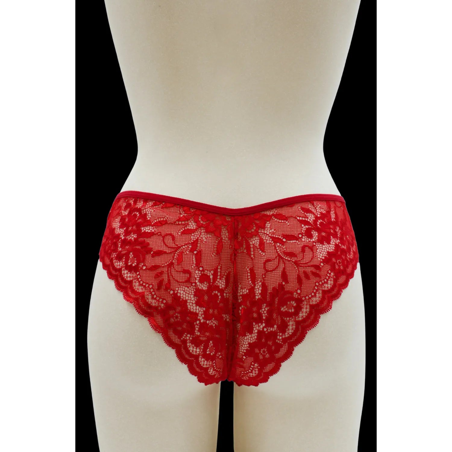 Culotte rouge dentelle florale, nœud satin, devant opaque, dos transparent, coupe échancrée, féminine et élégante.
