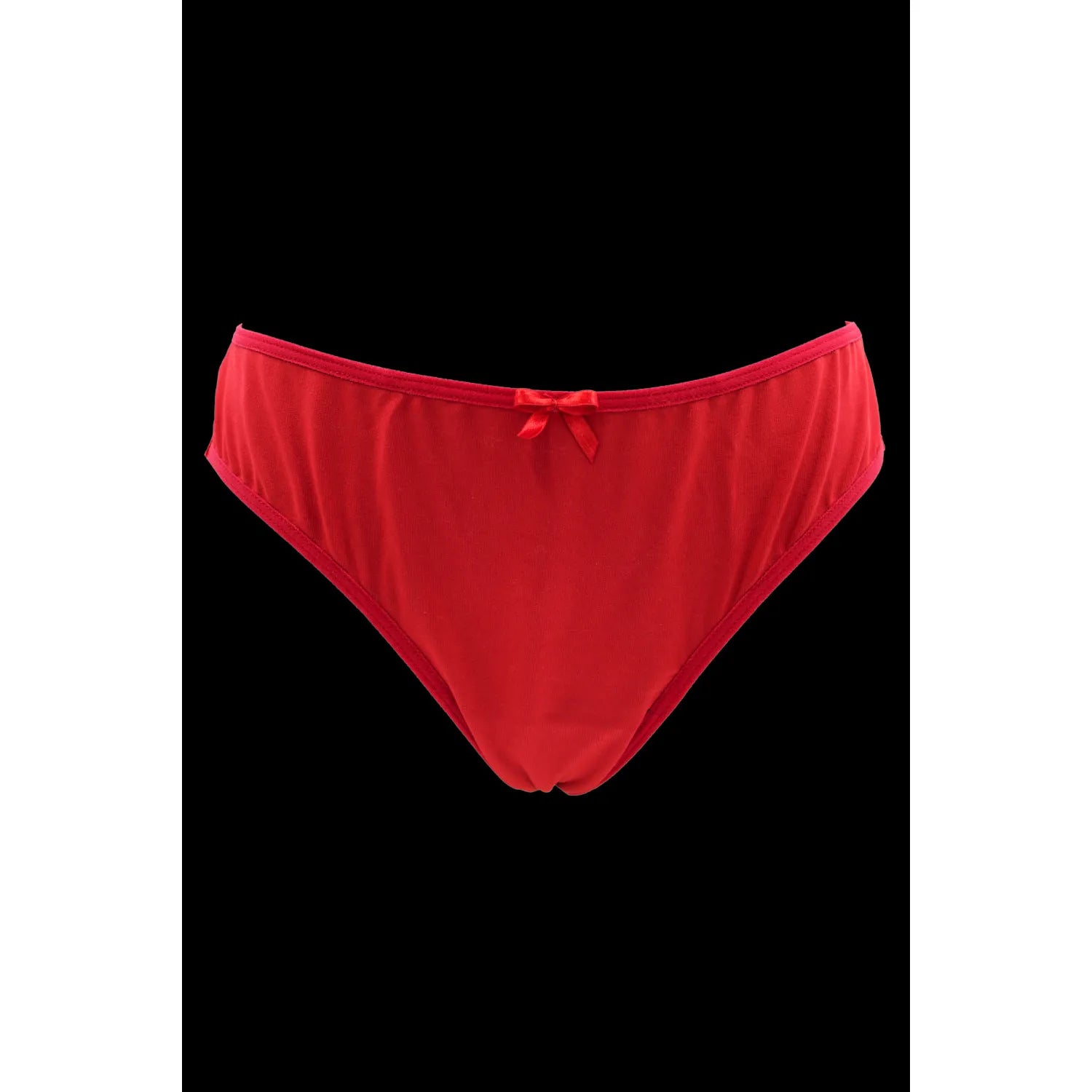 Culotte rouge en dentelle florale satinée avec nœud en satin, devant opaque, dos transparent, coupe échancrée.